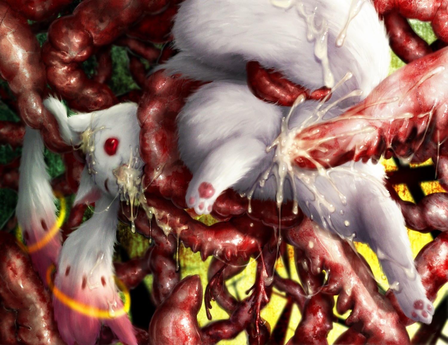 bodily_fluids cum cum_covered cum_in_mouth cum_inside e621 excessive_cum excessive_genital_fluids feet feral genital_fluids hindpaw incubator_(puella_magi) inuboe kyubey long_inner_ear_fluff male messy nightmare_fuel one_eye_closed pawpads paws puella_magi puella_magi_madoka_magica realistic red_eyes solo tail tentacles