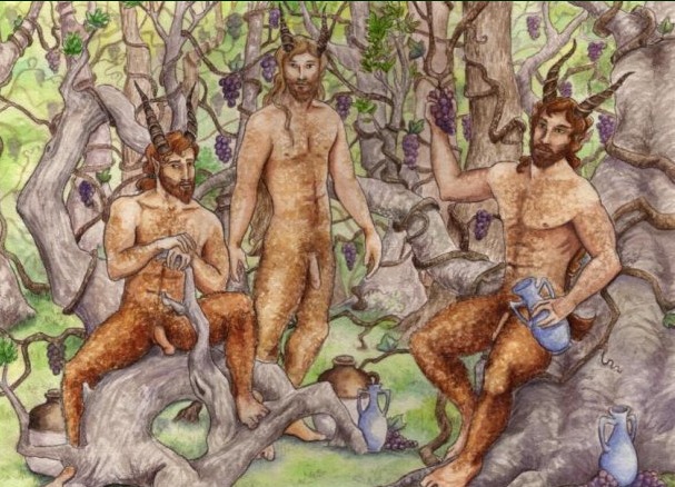 brown_fur brown_hair facial_hair flaccid flaccid_penis grapes greek_mythology hairy_body horns legs_apart long_hair male male_only mythology pan_(mythology) penis pointy_ears rule34 satyr spread_legs tagme