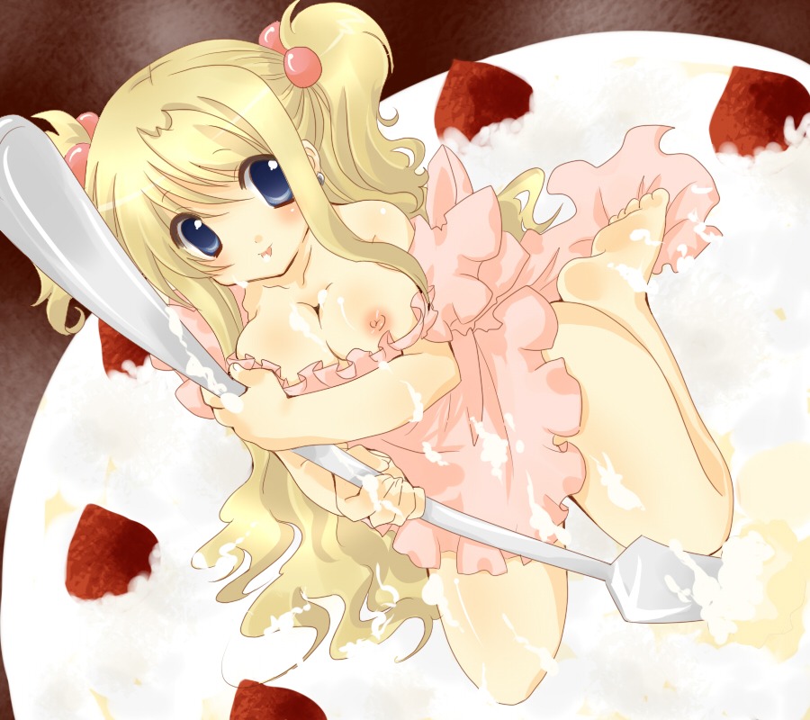 barefoot beige_skin blonde_hair blue_eyes breasts cake clothes color female female_only food fullmetal_alchemist holding human kneeling nipples rule34 solo spoon strawberry tagme winry_rockbell