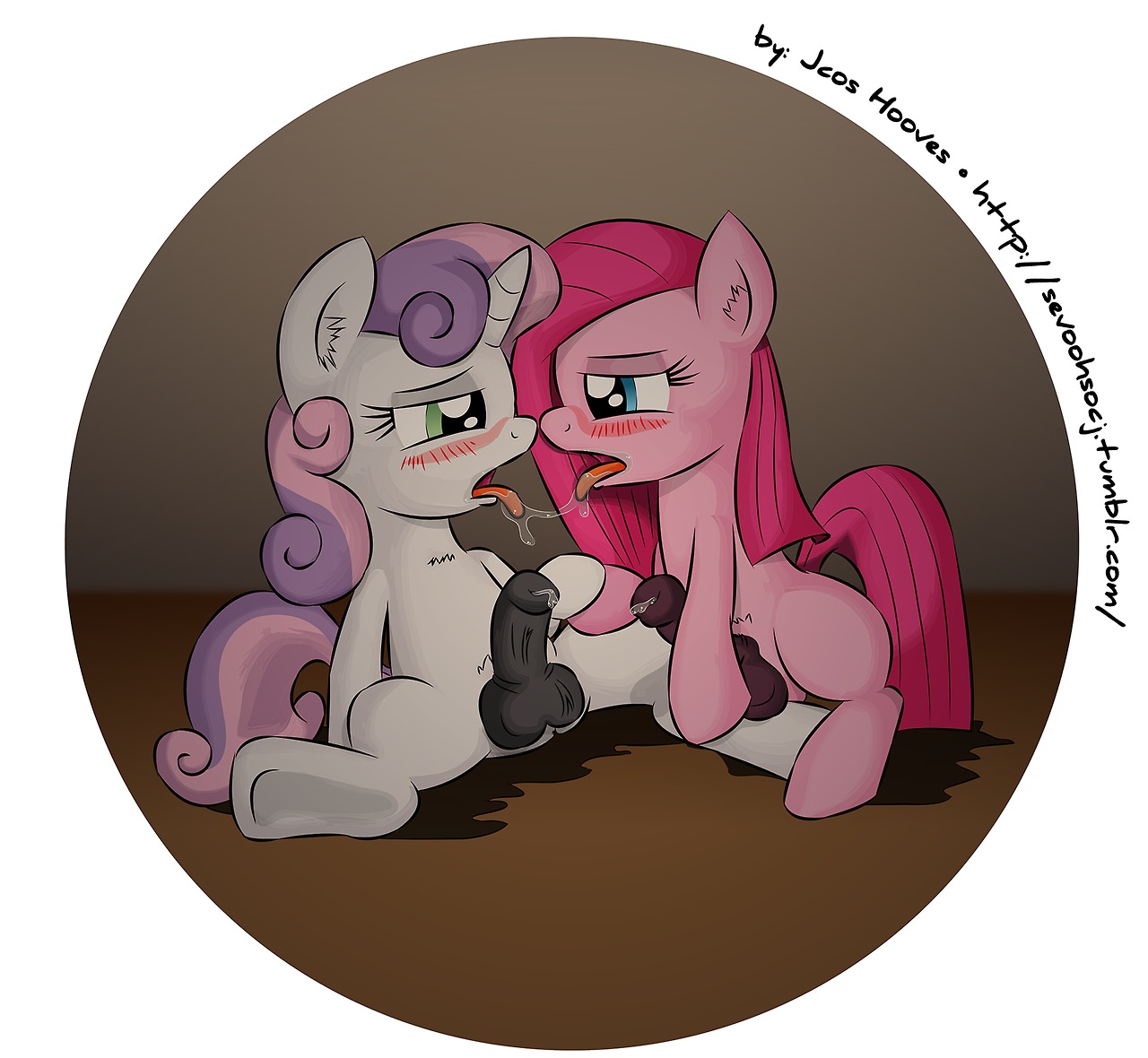 2014 animal_genitalia animal_penis balls blue_eyes blush bodily_fluids colored conditional_dnp cum duo e621 earth_pony equid equine equine_genitalia equine_penis erection female feral friendship_is_magic fur genital_fluids genitals green_eyes gynomorph hair half-closed_eyes hasbro horn horse intersex jcosneverexisted mammal my_little_pony mythological_creature mythological_equine mythology narrowed_eyes nude open_mouth penis pink_body pink_fur pink_hair pinkamena_(mlp) pinkie_pie_(mlp) pony saliva sitting spread_legs spreading sweetie_belle_(mlp) tongue unicorn vein white_body white_fur young young_feral