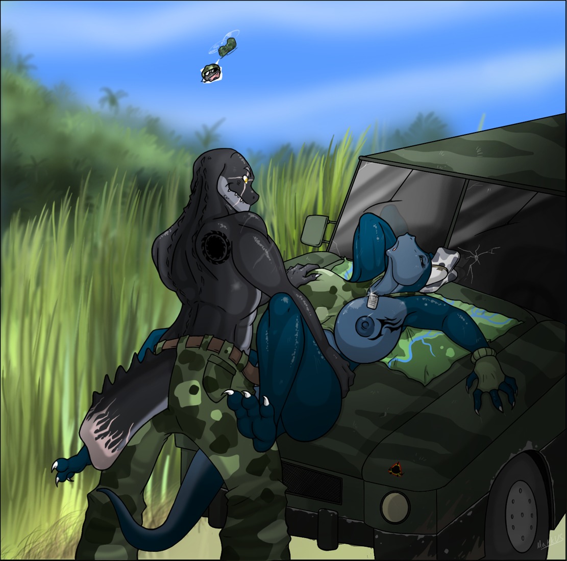 aircraft alligator alligatorid anthro anthro_on_anthro big_breasts boeing bomba_(krillos) bottomless breast_grab breasts camo camo_print car ch-47_chinook clothed clothed_sex clothing crocodilian digital_media_(artwork) duo_focus e621 feet female female_penetrated group hand_on_breast hat headgear headwear helicopter hindpaw huge_breasts komodo_dragon land_rover lizard looking_at_another lordstevie lying male male/female male_penetrating male_penetrating_female military monitor_lizard nipples non-mammal_breasts non-mammal_nipples on_back on_hood outside patrol_cap paws peeping penetration plantigrade range_rover reptile scalie scar sex table_lotus_position tail tata_group topless vaginal vaginal_penetration vehicle