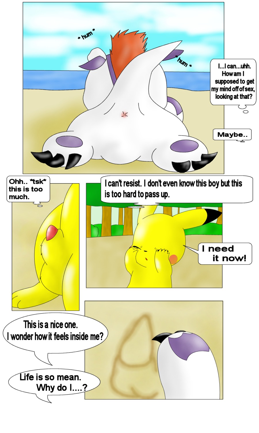 3:5 animal_genitalia anus bandai_namco beach claws comic crossover curby dialogue digimon digimon_(species) drawing_(action) duo e621 eager english_text generation_1_pokemon genitals gomamon hi_res male male/male multiple_scenes nintendo outside penis penis_tip pikachu pokemon pokemon_(species) seaside sheath text