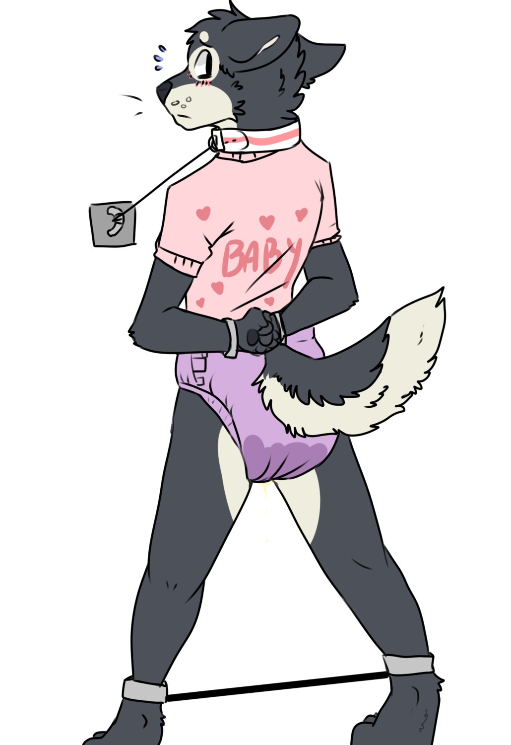 anthro blue_eyes blush bodily_fluids canid canine canis clothed clothing codeine collar cuff_(restraint) diaper domestic_dog e621 femboy genital_fluids heart_symbol hi_res keeper_utonagan male mammal mixed_breed padding paws purple_diaper restraints shackles solo spread_legs spreader_bar spreading unclean_diaper urine used_diaper utonagan wearing_diaper wet wet_diaper wetting