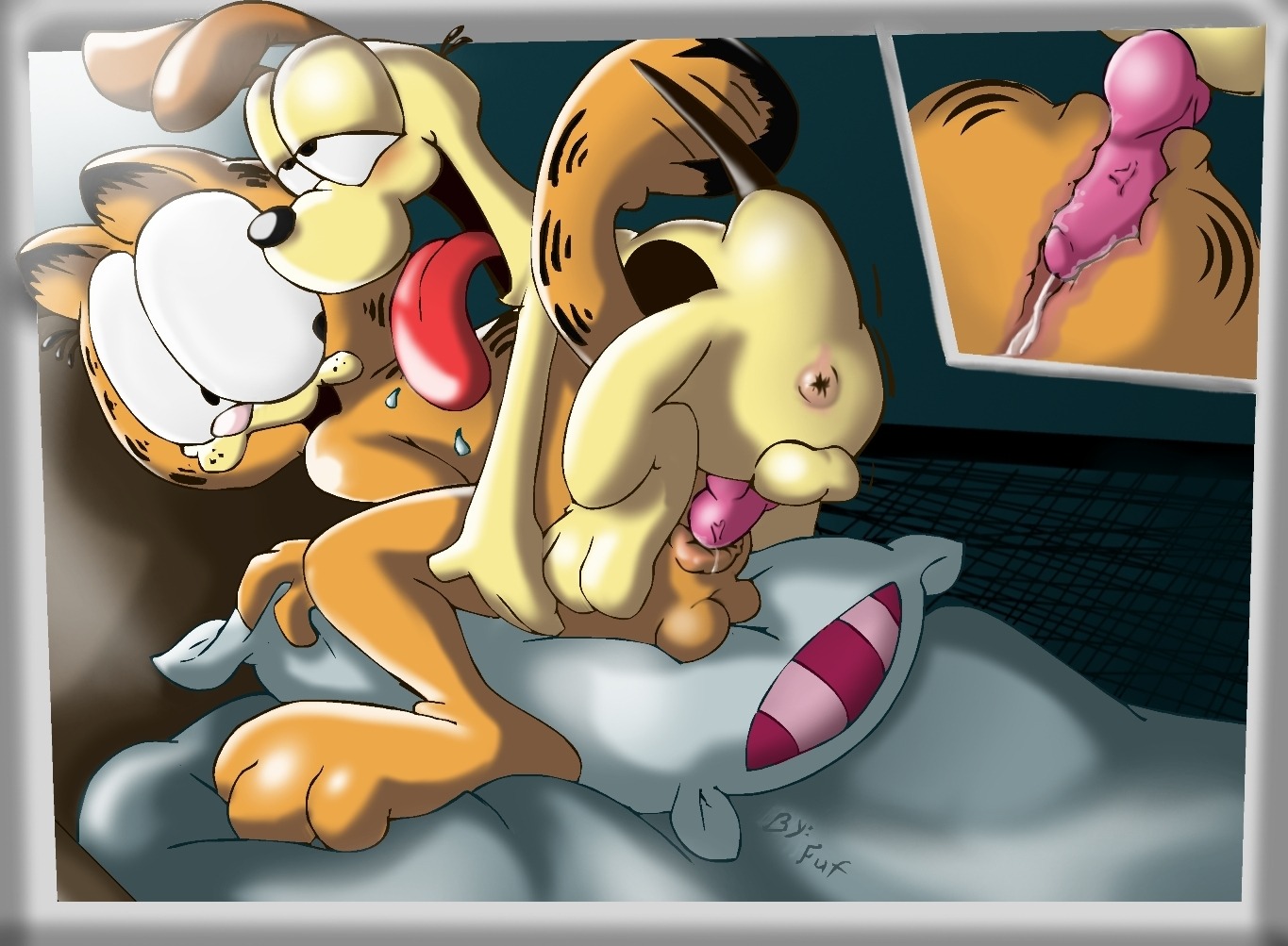 2013 ahegao anal anal_penetration anus balls blush bodily_fluids brown_body brown_fur canid canine canis cum cum_in_ass cum_inside domestic_cat domestic_dog duo e621 erection eye_roll felid feline felis fuf fur garfield_(series) garfield_the_cat genital_fluids genitals internal looking_pleasured male male/male male_penetrated male_penetrating male_penetrating_male mammal odie_the_dog penetration penis pillow sex tongue tongue_out