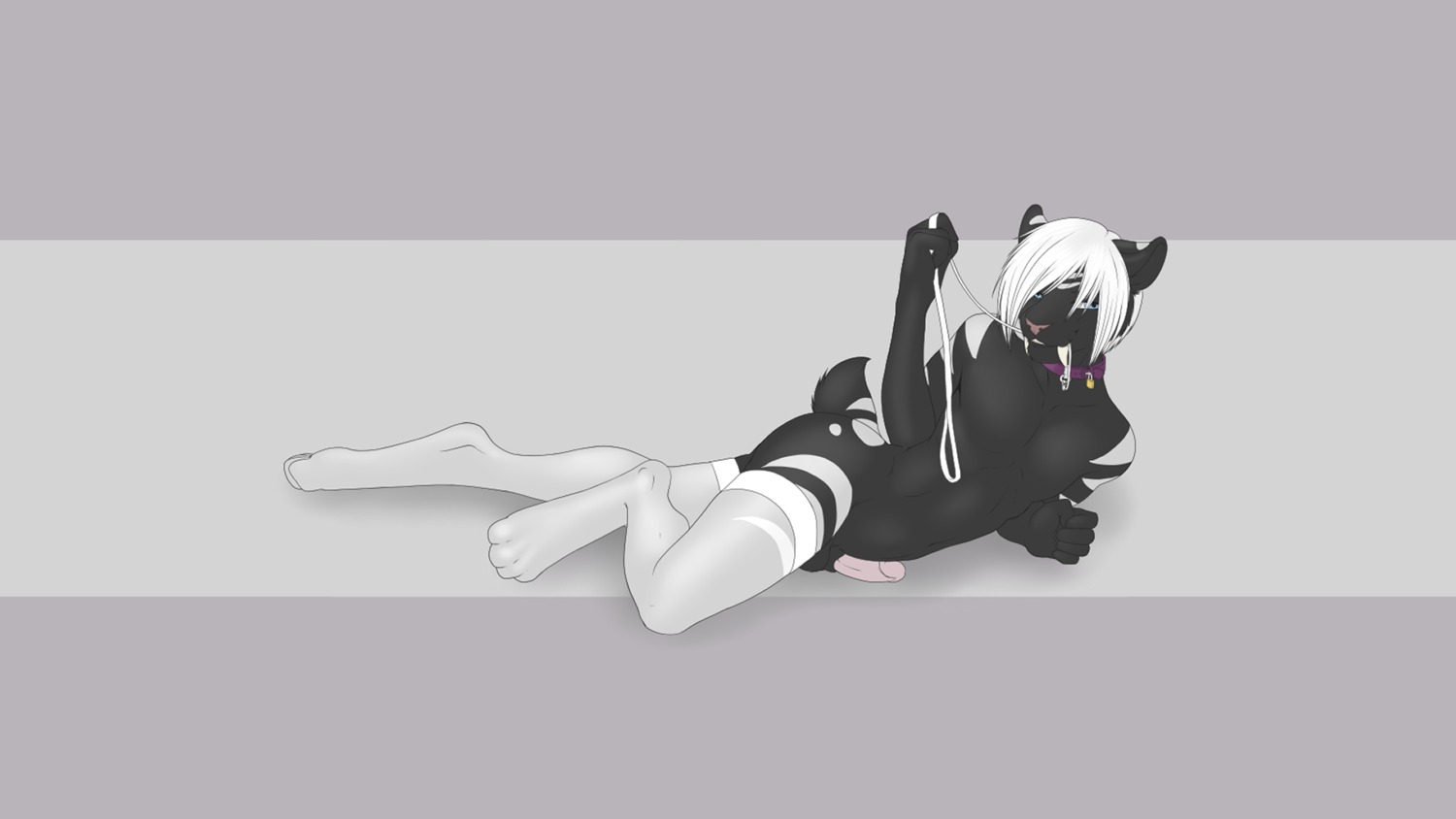 16:9 accelo anthro black_body black_fur clothing collar e621 erection fangs felid femboy fur genitals hi_res humanoid_genitalia humanoid_penis leash legwear male mammal mythology_(character) nude penis prehistoric_species purple_collar saber-toothed_tiger sabertooth_(anatomy) solo stockings teeth widescreen