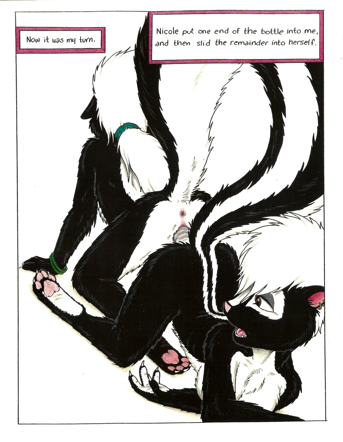 4_toes absurd_res all_fours anthro anus ass_to_ass black_body black_fur breasts claws dildo double_dildo duo e621 english_text feet female female/female fur genitals hair hanging_breasts hi_res hindpaw improvised_dildo improvised_sex_toy james_m_hardiman mammal markings mephitid nicole_(jmh) nude onyx_(jmh) pawpads paws penetration piercing pink_pawpads sex_toy skunk soles striped_markings striped_tail stripes tail tail_markings text toes transparent_dildo transparent_sex_toy vaginal vaginal_penetration vulva white_body white_fur white_hair