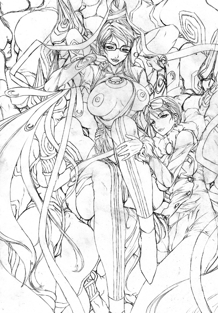 6+girls bayonetta bayonetta_(character) bodysuit breasts candy cleavage_cutout female glasses gloves jeanne_(bayonetta) joy_(bayonetta) juubaori_mashumaro large_breasts lips lollipop long_hair monochrome multiple_females multiple_girls nipples rule34 sega short_hair sketch yuri