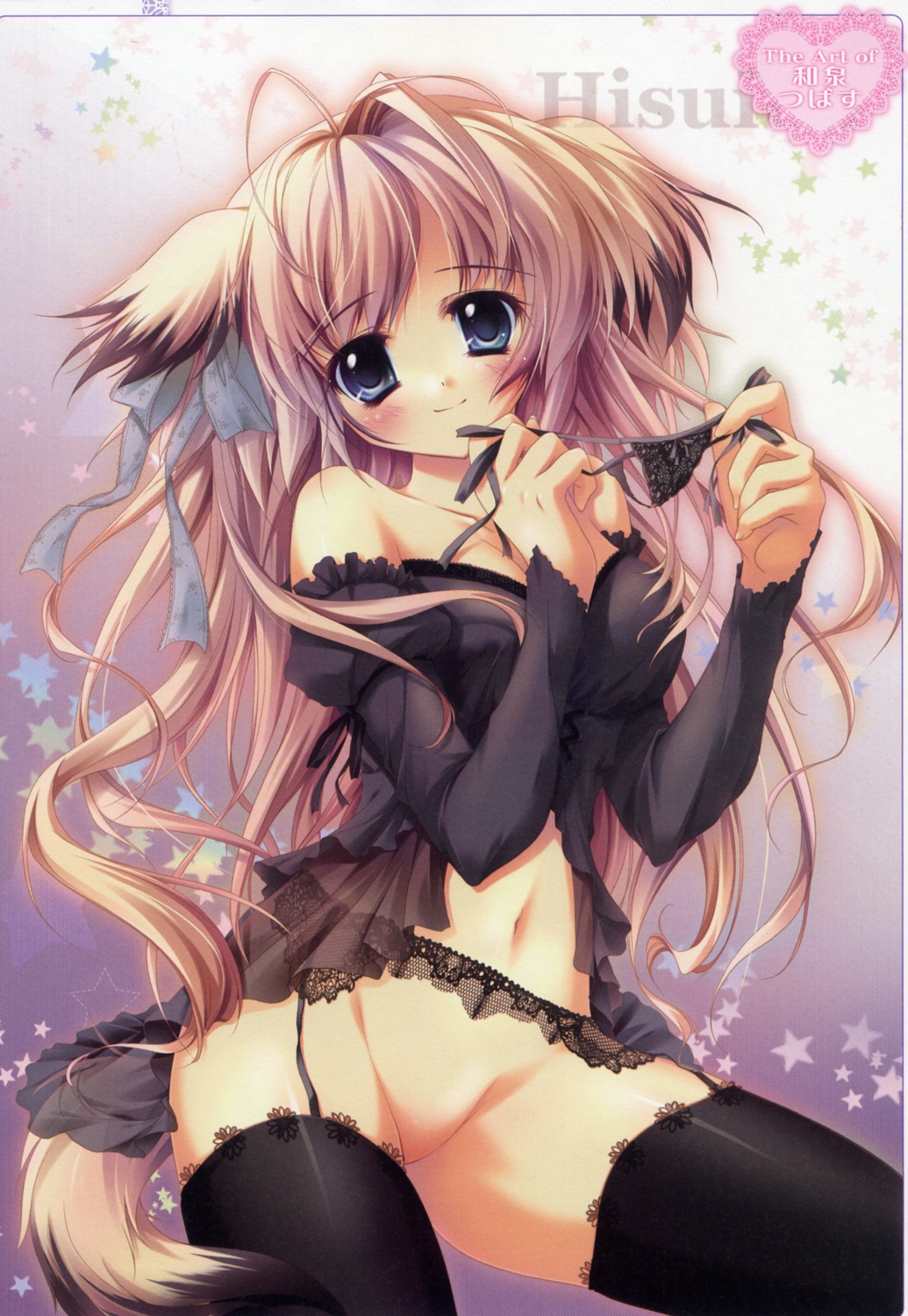 black_lingerie black_thighhighs blue_eyes brown_hair female garter_belt hair_ribbon holding_panties izumi_tsubasu lingerie rule34 thighhighs
