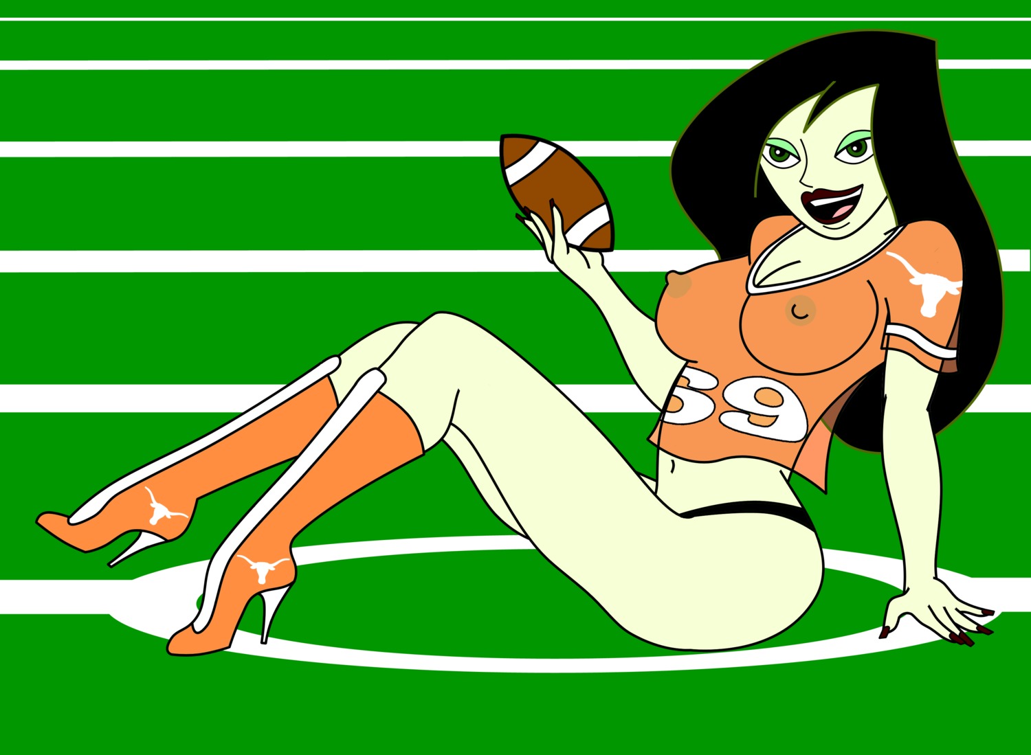 american_football_uniform boots breasts disney disney_channel female female_only football_(american) football_field high_heel_boots high_heels human kim_possible large_breasts nipples orange_boots panties rule34 shego solo straight_hair tagme