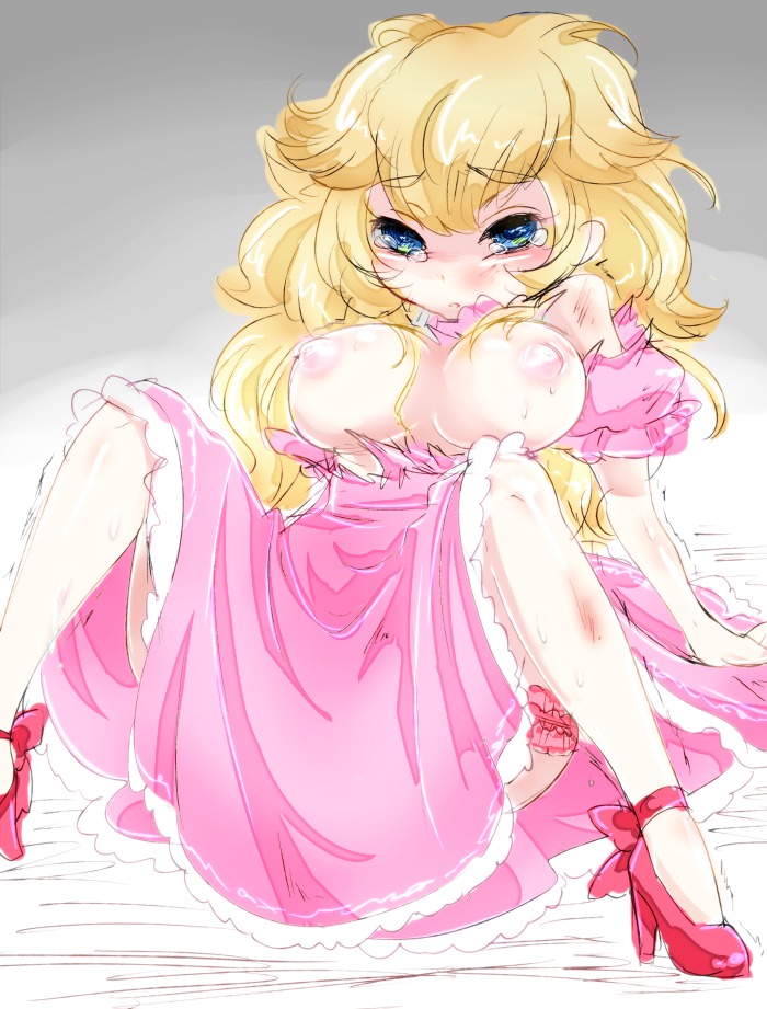 blue_eyes blush breasts dress female high_heels large_breasts mario_(series) nintendo nipples princess princess_peach rule34 shoes straight_hair tear torn_clothes wince yukimimi