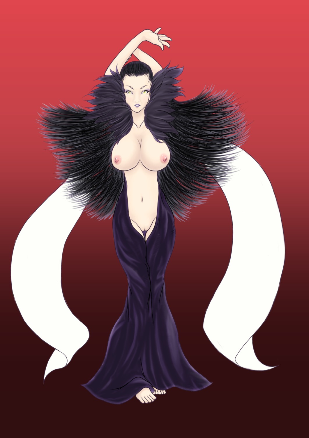 arms_up barefoot black_hair breasts dress edea_kramer eyeshadow feet female final_fantasy final_fantasy_viii hair highres hyde_onsenguma midriff nipples purple_lips pussy rule34 short_hair solo topless yellow_eyes