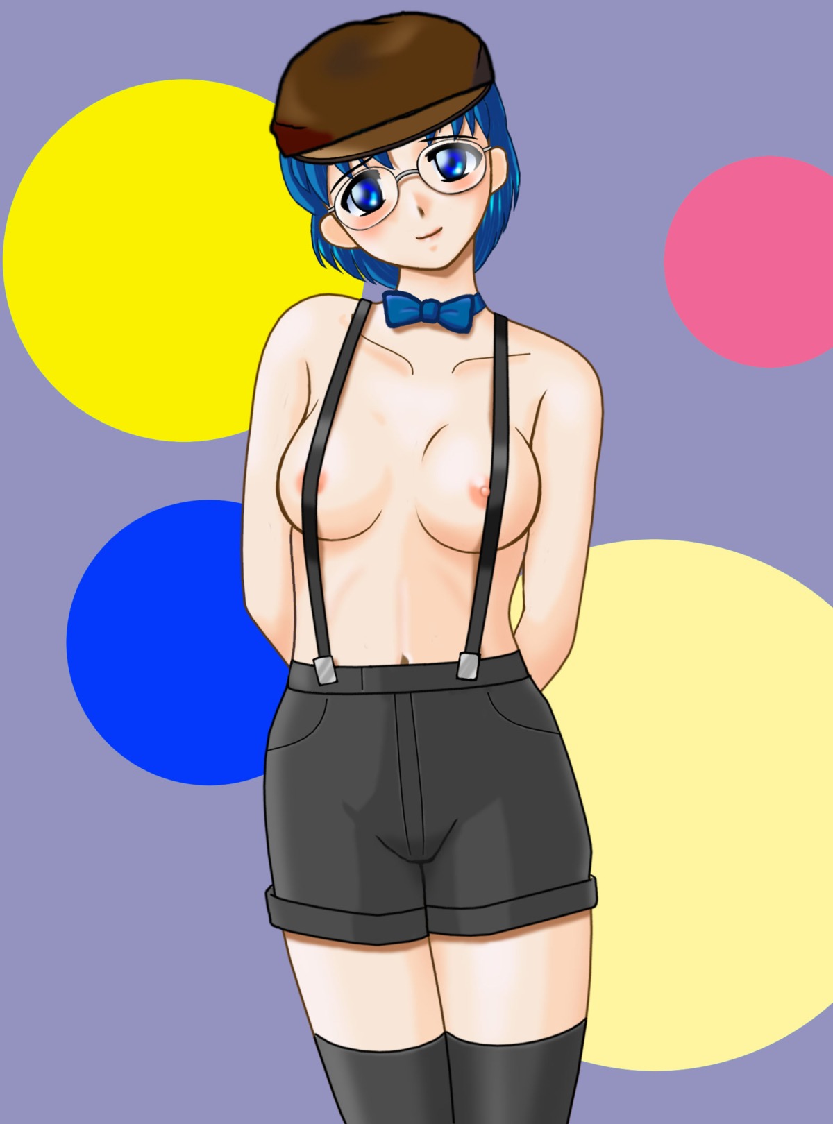 1girls ami_mizuno big_breasts bishoujo_senshi_sailor_moon blue_eyes blue_hair bowtie breasts clothed clothing female female_only front_view glasses hat human looking_at_viewer nipples red103 rule34 shorts small_breasts solo standing stockings suspenders tagme topless