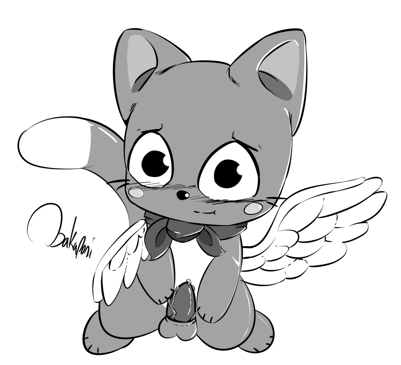 absurd_res bakaponi balls blush domestic_cat e621 erection exceed fairy_tail felid feline felis genitals happy happy_(fairy_tail) hi_res male mammal monochrome penis solo