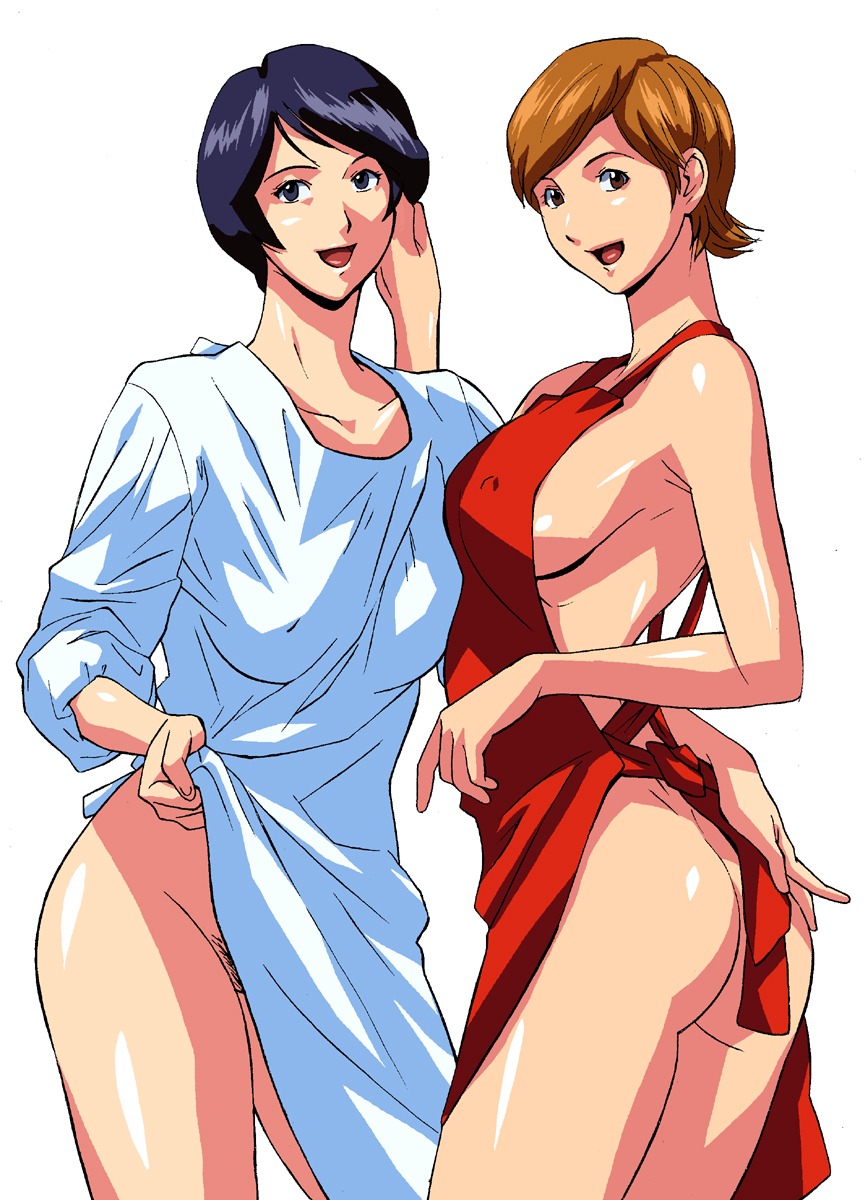 apron armpits ass ass_grab blue_eyes breast_press breasts brown_hair cirima dimples_of_venus dress dress_lift female hand_on_head happy hi_res hikaru_no_go ichikawa_harumi large_breasts looking_back milf multiple_females multiple_girls naked_apron nipple_bulge pubic_hair purple_hair red_eyes rule34 short_hair sideboob smile touya_akiko volvox yuri