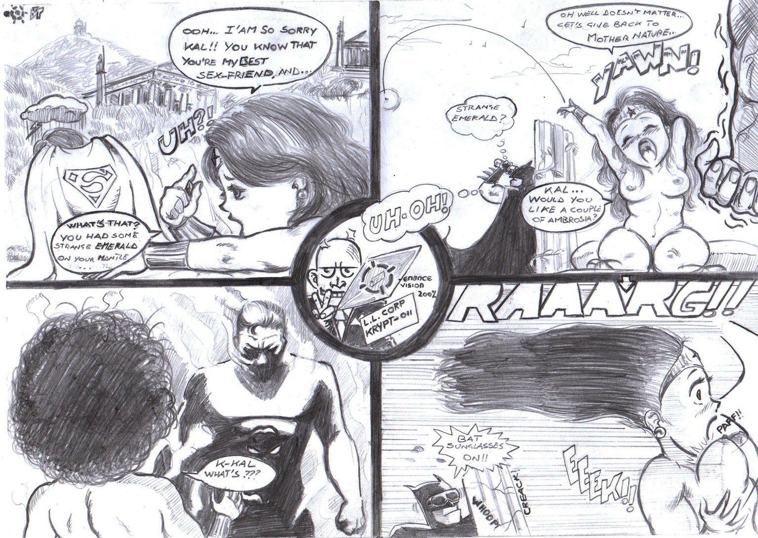 1girls 2boys batman batman_(bruce_wayne) batman_(series) blacktortoise breasts bruce_wayne clark_kent comic dc dc_comics dialogue female justice_league kal-el male monochrome naked_female nipples rule34 speech_bubble superhero superheroine superman superman_(clark_kent) superman_(series) wonder_woman wonder_woman_(series)