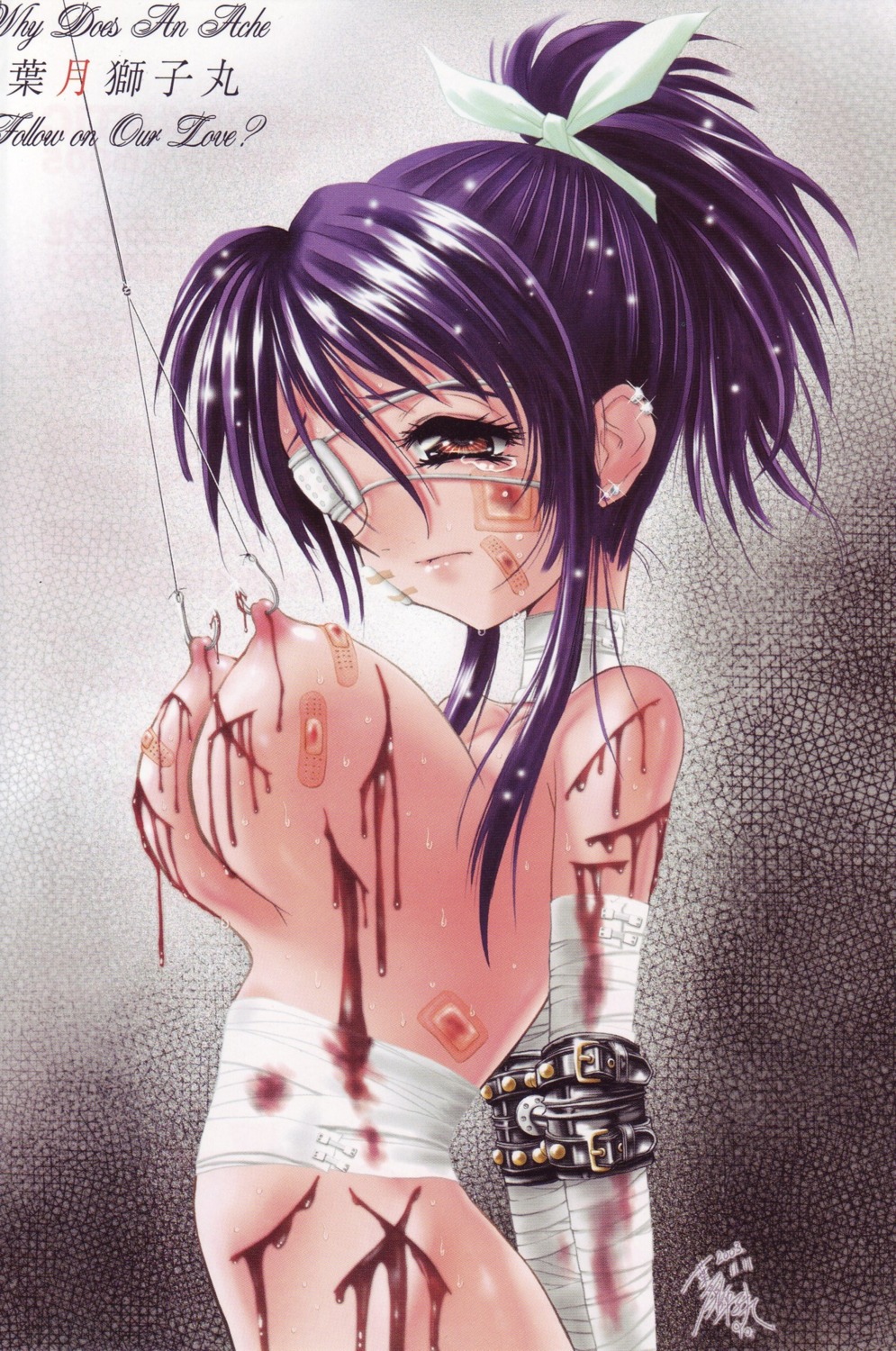 1girls bandage bandaid bb beige_skin bleeding blood blood_stain bloody_bandage bondage breast_torture breasts brown_eyes character_request choker color cuffs cuts ear_piercing earrings english_text eye_patch female female_only gore guro hair highres hook human incision injury jewelry large_breasts leather midriff nipples nude piercing puncture punctured_breast purple_hair red_blood round_ears rule34 side_view solo spreader_bar string tear text torture translation_request wound