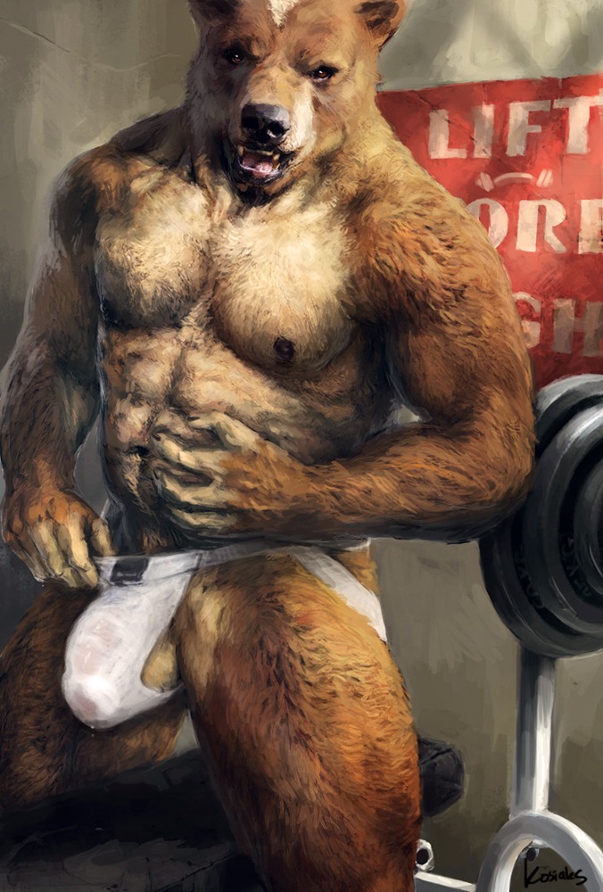 abs anthro balls bear biceps big_muscles biped bodily_fluids brown_body brown_fur bulge clothed clothing e621 erection fangs fur genital_fluids genitals gym jockstrap looking_at_viewer male mammal musclegut muscular muscular_anthro muscular_male navel nipples open_mouth pecs penis pose precum precum_through_clothing rnarccus slightly_chubby solo standing teeth tongue topless translucent translucent_clothing underwear weights wet wet_clothing