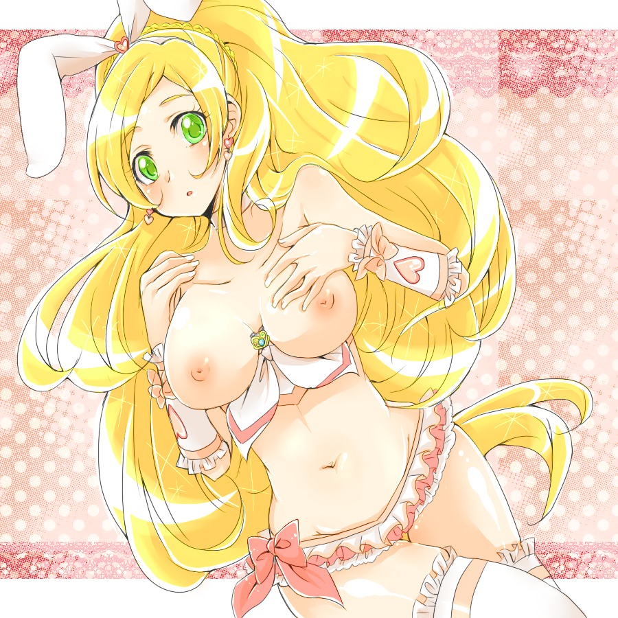 blush breasts clothing cure_rhythm female large_breasts magical_girl medium_breasts minamino_kanade nipples panties precure pretty_cure rule34 stockings suite_precure yawaragi