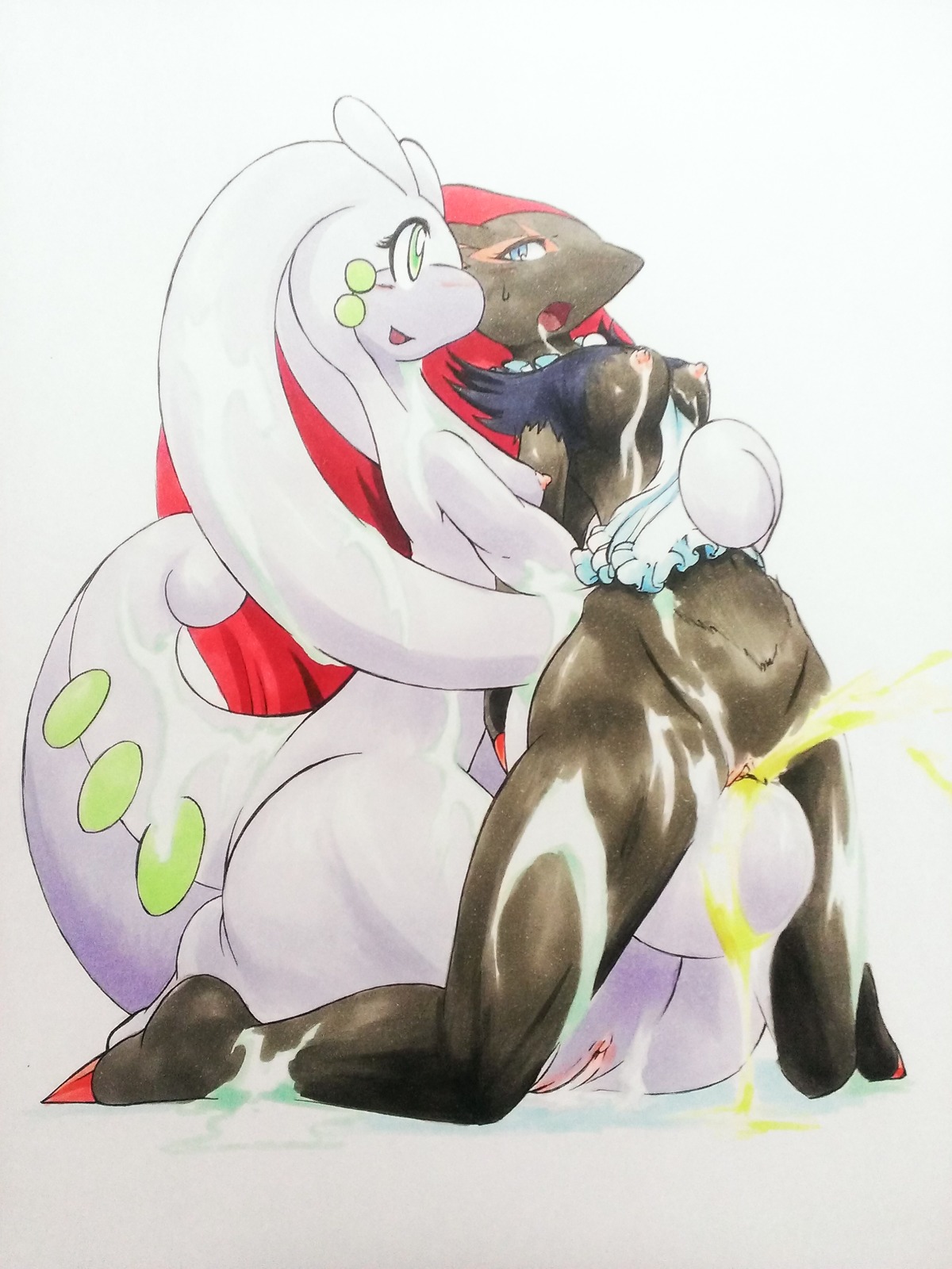 025aki 2014 3:4 :d absurd_res anthro bodily_fluids breasts canid canine claws dragon duo e621 eyelashes female female/female feral generation_5_pokemon generation_6_pokemon genital_fluids genitals goodra hi_res mammal mythological_creature mythological_scalie mythology nintendo nipples nude open_mouth peeing penetration pokemon pokemon_(species) scalie side_boob sitting slime smile standing tail thick_tail toe_claws tongue urine urine_stream vaginal vulva watersports zoroark