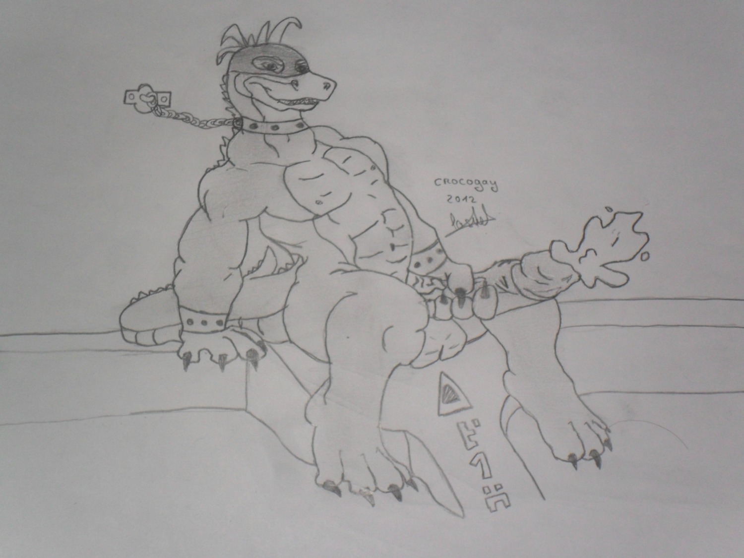 2012 4:3 4_fingers 4_toes absurd_res anthro balls bodily_fluids bound chain chained claws crocodile crocodilian crocogay cum cumshot e621 ejaculation erection feet fingers genital_fluids genitals glans graphite_(artwork) greyscale hi_res humanoid_genitalia humanoid_penis male masturbation monochrome muscular muscular_anthro muscular_male navel nipples orgasm penile penile_masturbation penis reptile scales scalie solo tail toes traditional_media_(artwork)