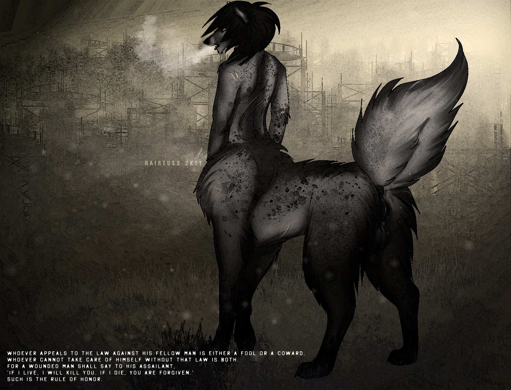 2011 balls canid canid_taur canine canine_taur canis comic digitigrade e621 english_text genitals hairtuss herm hi_res intersex mammal mammal_taur nude piercing quadruped shayne solo tail taur text vulva wolf wolf_taur