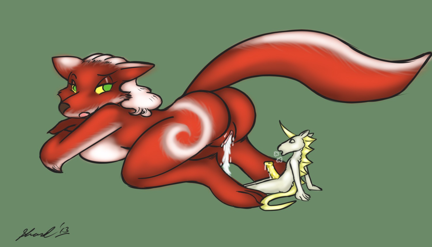 2013 all_fours anthro bodily_fluids breasts breath butt canid canine cum cum_in_vagina cum_inside cum_on_penis duo e621 equid equine erection excessive_cum excessive_genital_fluids female fur genital_fluids genitals green_background green_eyes hair hasbro hi_res horn larger_female larger_sub looking_back magic:_the_gathering male mammal micro mythological_creature mythological_equine mythology nude panting penis red_body red_fur shardshatter side_boob simple_background size_difference smaller_male submissive unicorn vulpine_goliath vulva white_body white_fur white_hair wizards_of_the_coast
