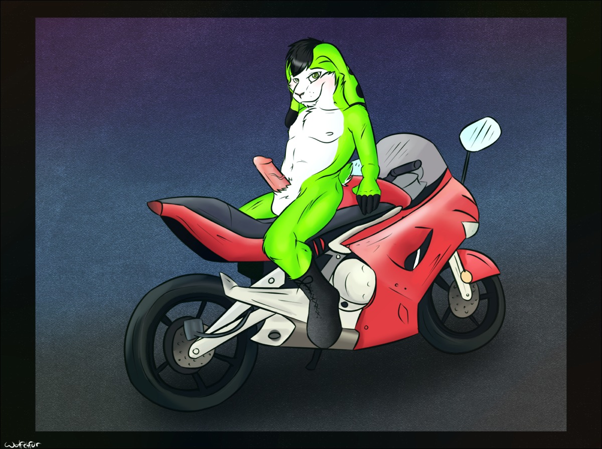 anthro e621 erection fur genitals green_body green_fur lagomorph leporid looking_at_viewer male mammal motorcycle naughty_face nude penis pinup pose rabbit solo sports_bike vehicle wolfehfur