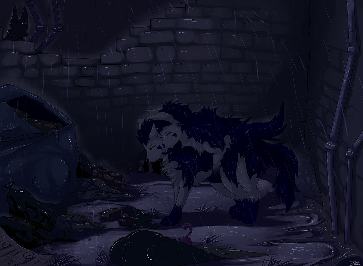 2011 all_fours alley ambiguous_gender blackfury dark dark_theme detailed_background doggystyle duo e621 eeveelution espeon feral from_behind_position generation_1_pokemon generation_2_pokemon generation_3_pokemon male male/ambiguous mammal mightyena night nintendo outside pokemon pokemon_(species) quadruped raining rattata rodent sex tail tongue