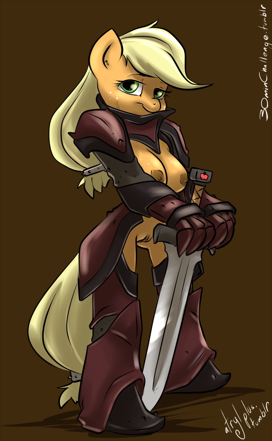 anthro anthrofied applejack_(mlp) armor atryl breasts convincing_weapon digital_media_(artwork) e621 earth_pony equid equine female friendship_is_magic genitals hasbro hi_res horse mammal melee_weapon my_little_pony pony solo sword tail unconvincing_armor vulva weapon