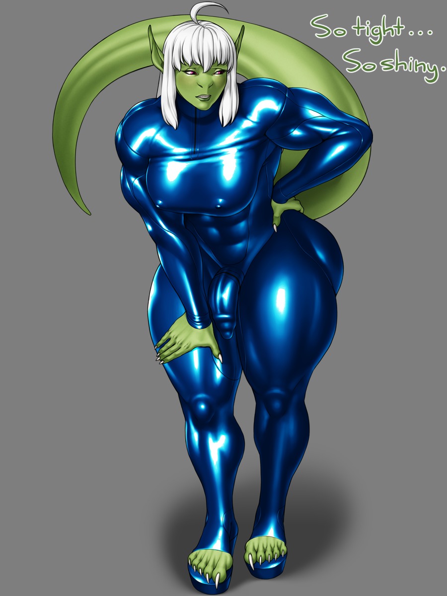 3:4 alpha_channel anthro areola big_breasts biped bodysuit breasts bulge claws clothed clothing e621 english_text erection feet front_view genitals glistening green_body green_skin gynomorph hair half-erect hi_res humanoid_feet intersex latex latex_clothing latex_skinsuit muscular muscular_anthro muscular_gynomorph muscular_intersex nikcesco nipples non-mammal_breasts penis pinup plantigrade pose reptile scalie simple_background skinsuit solo standing text thick_thighs tight_clothing transparent_background white_hair