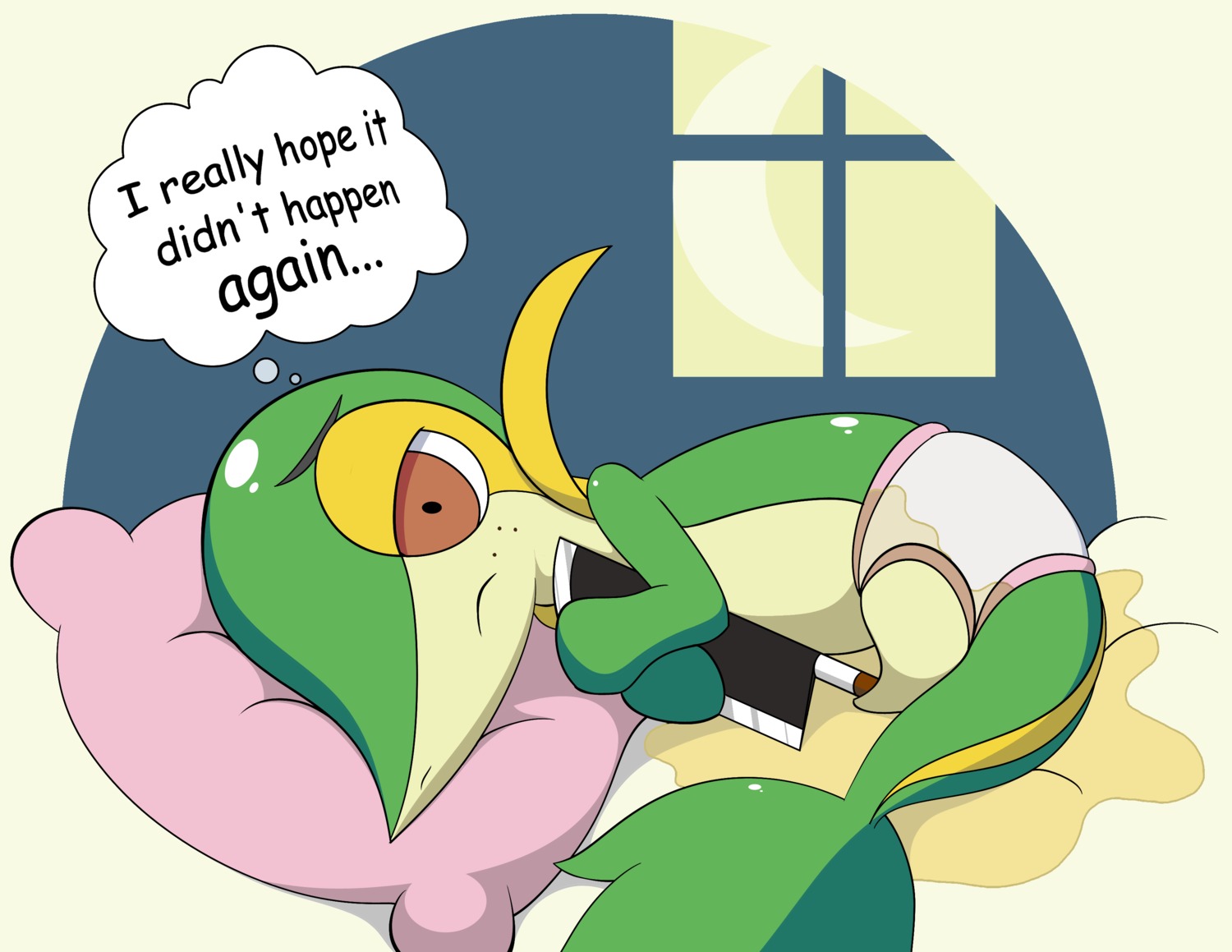 absurd_res accident ambiguous_gender bed bedwetting bodily_fluids cartoon_freckles clothing conditional_dnp e621 english_text freckled_face freckles furniture generation_5_pokemon genital_fluids hi_res knife night nintendo peeing pillow pokemon pokemon_(species) snivy solo tail text tricksta underwear urine wetting