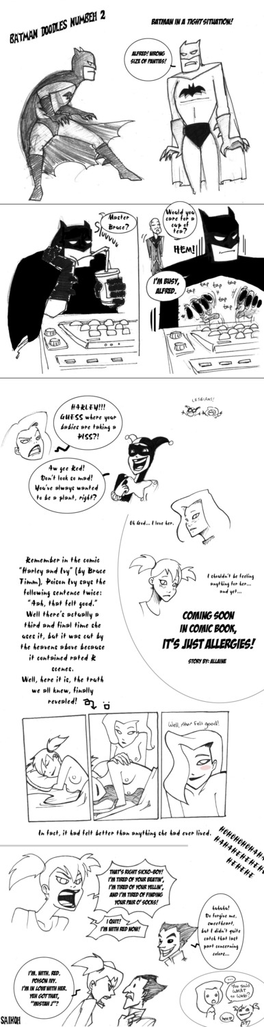 batman batman_(bruce_wayne) batman_(series) bruce_wayne comic dc dc_comics english_text female harley_quinn joker male monochrome nana_51 nipples page_2 poison_ivy rough_sketch rule34 superhero supervillain supervillainess