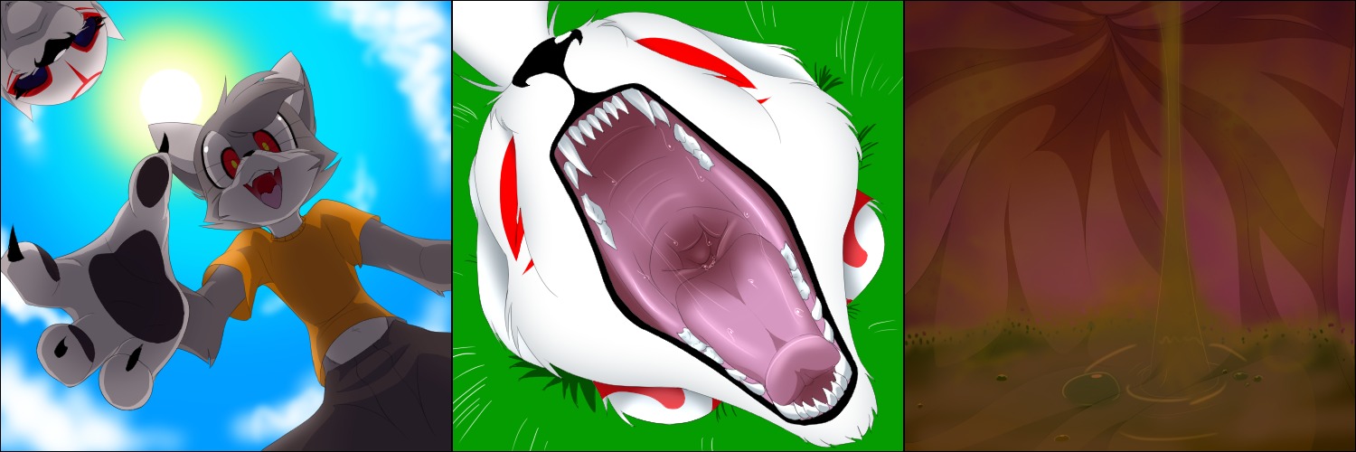 2011 3:1 amaterasu_(okami) anthro black_border border canid canine canis capcom clover_studio deity detailed_internal digital_media_(artwork) duo e621 eyeofcalamity fangs female feral fur happy internal ivan_grey_(character) male mammal markings okami_(capcom) red_eyes red_markings teeth vore white_body white_fur wolf