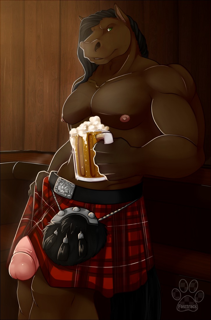 2013 alcohol anthro beer beverage biceps big_muscles big_penis black_hair bottomwear brown_body brown_fur clothed clothing e621 equid equine erection fasttrack37d finn_(siegblack) flaccid food fur genitals green_eyes hair horse huge_penis humanoid_genitalia humanoid_penis kilt leaning looking_at_viewer male mammal muscular muscular_anthro muscular_male nipples nude pattern_clothing pecs penis penis_under_skirt plaid plaid_clothing smile solo sporran suggestive thick_penis topless