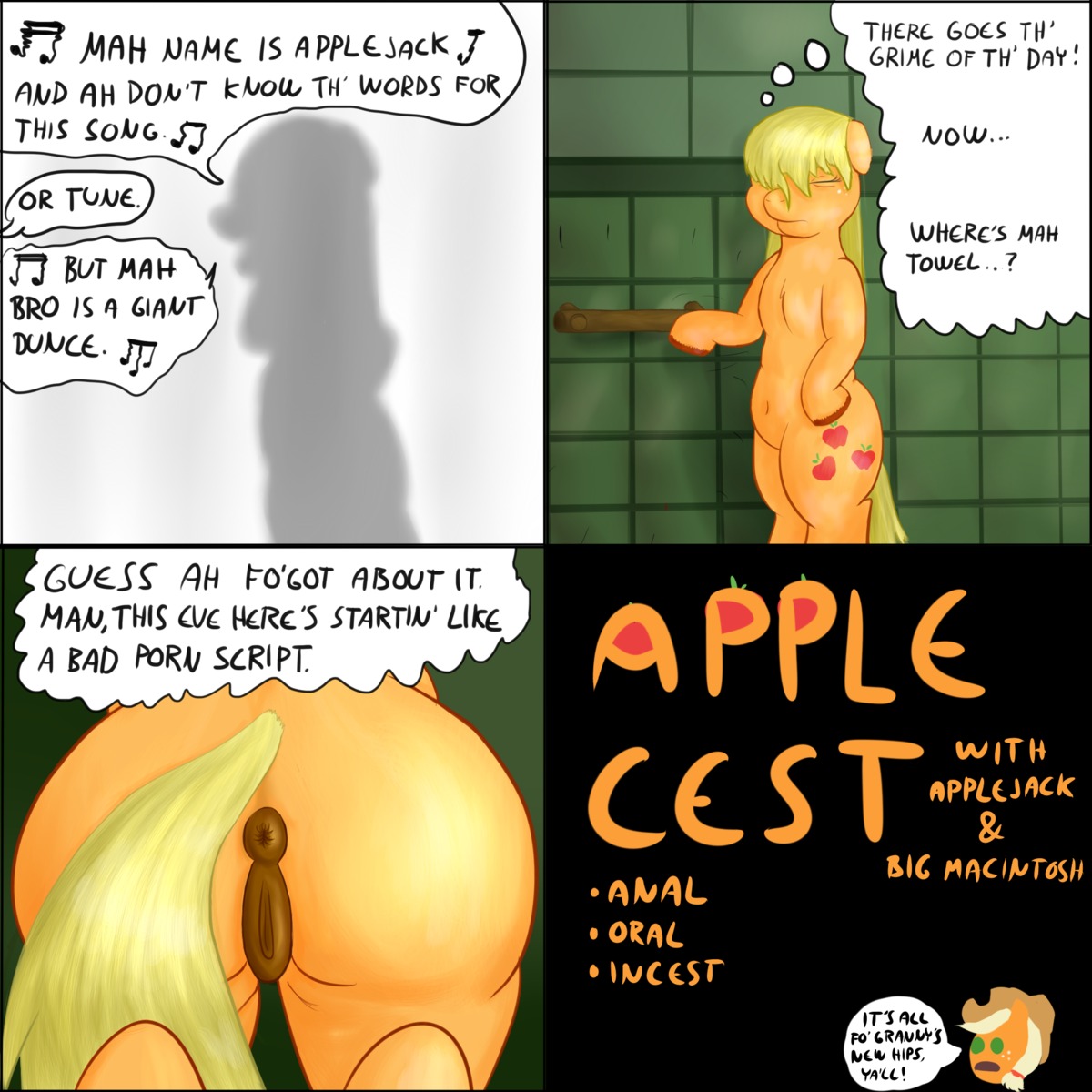 1:1 2013 anus applejack_(mlp) blonde_hair butt comic cutie_mark dialogue e621 earth_pony english_text equid equine eyes_closed female feral freckles friendship_is_magic fur genitals hair hasbro hi_res horse inside long_hair mammal my_little_pony orange_body orange_fur pony ponyway solo standing text vulva