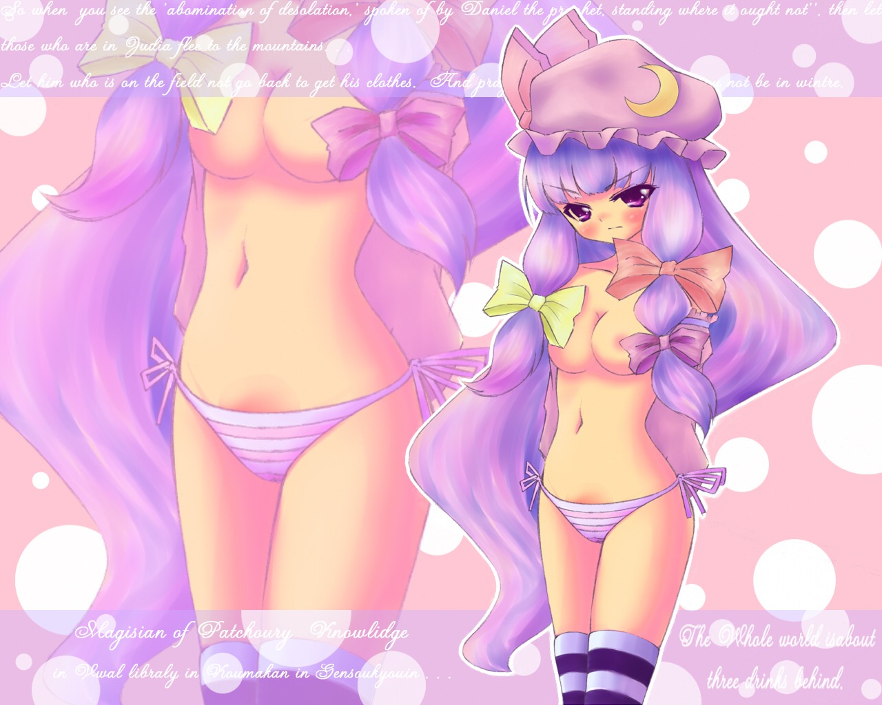 breasts female female_only hair_ribbon human otogi panties patchouli_knowledge purple_eyes purple_hair ribbon rule34 side-tie_panties socks solo striped striped_legwear striped_panties striped_socks striped_thighhighs thighhighs topless touhou underwear wallpaper