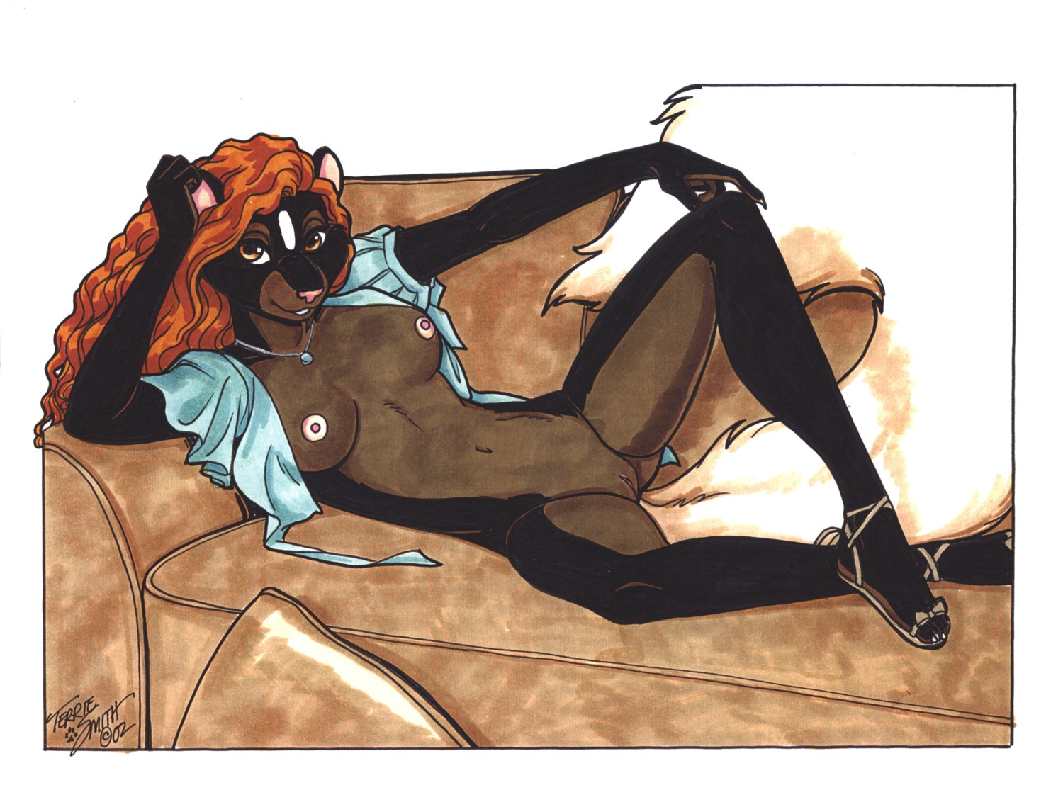 2002 absurd_res anthro black_body black_fur breasts brown_body brown_eyes brown_fur countershade_face countershade_torso countershading e621 feet female fluffy fluffy_tail full-length_portrait fur furniture genitals hair hi_res humanoid_feet looking_at_viewer lying mammal mephitid nipples nude on_side plantigrade portrait pose red_hair signature simple_background skunk sofa solo spread_legs spreading tail terrie_smith traditional_media_(artwork) vulva white_body white_fur