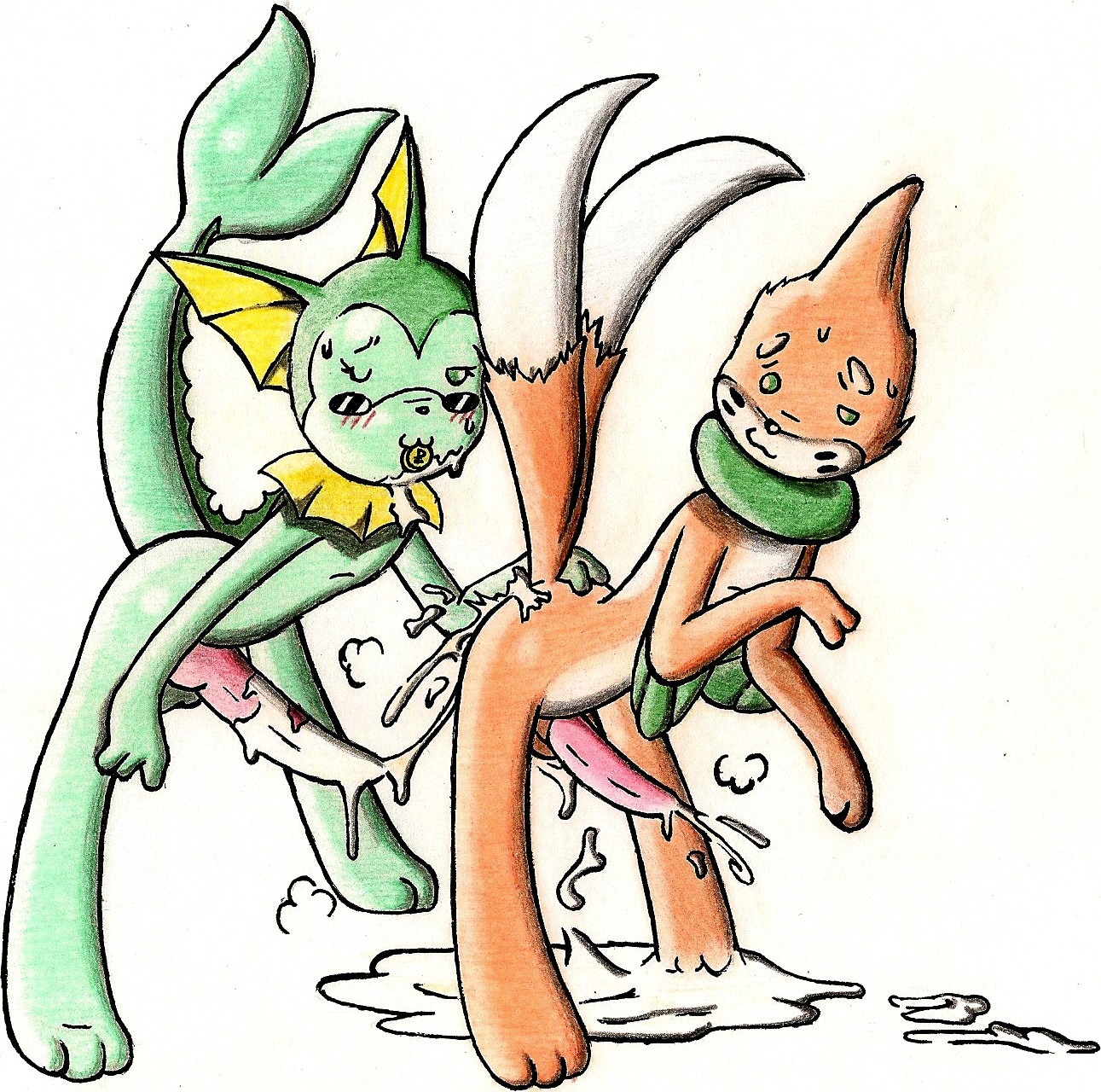anthro buizel color eeveelution fur furry interspecies male male_only multiple_males nintendo no_humans pok&eacute;mon_(species) pokemon pokemon_(species) roy_mccloud rule34 simple_background vaporeon yaoi