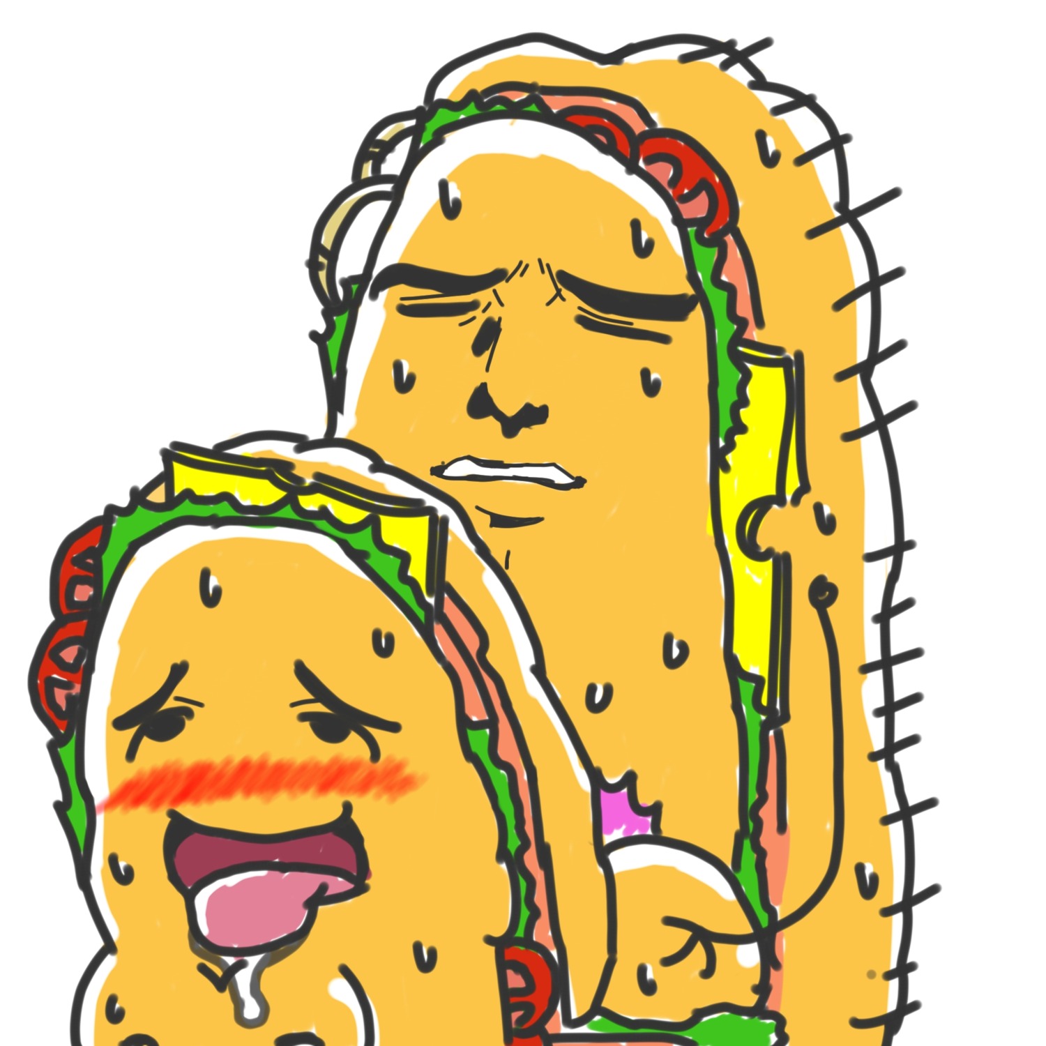 1:1 animate_inanimate blush bodily_fluids bread breasts cheese dairy_products duo e621 eyes_closed female flat_colors food food_creature fruit hi_res humor lettuce male male/female meat meme not_furry open_mouth plant saliva sandwich_(food) sex sweat tomato tongue tongue_out unknown_artist vegetable what yaranaika