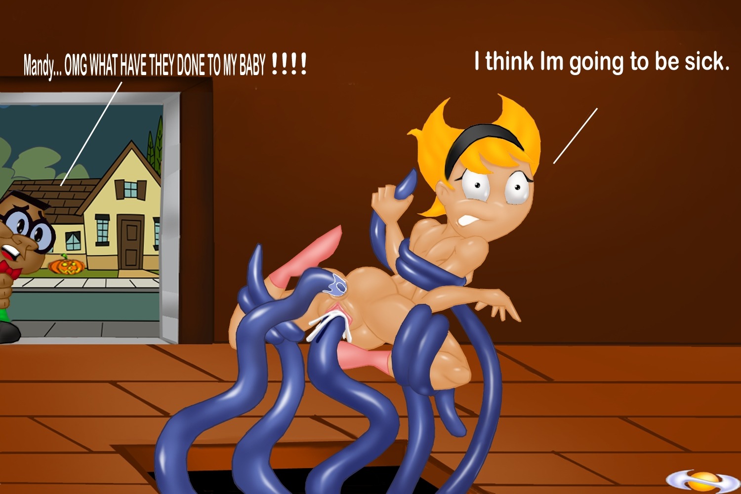 1boy 1girls black blonde_hair bowtie cartoon_network dark-skinned_male dark_skin dialogue english_text female glasses hair irwin_(grim_adventures) light-skinned_female light_skin male mandy_(billy_and_mandy) night noseless rule34 tagme tentacle the_grim_adventures_of_billy_and_mandy vlade