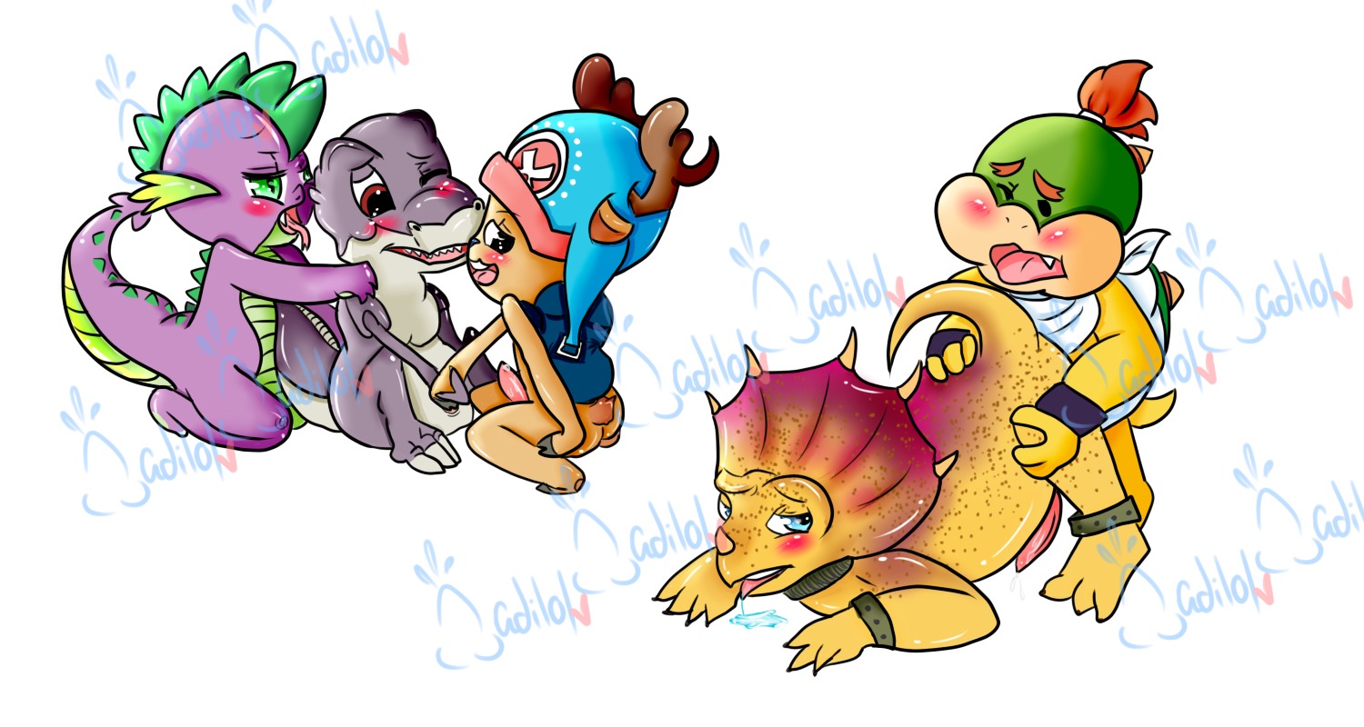 2013 anthro blue_eyes blush bodily_fluids bone_frill bowser_jr. ceratopsian ceratopsid chasmosaurine chomper_(the_land_before_time) clothing crossover cum deer dinosaur don_bluth dragon dragon_koopa drooling e621 erection feral friendship_is_magic frill_(anatomy) genital_fluids genitals green_eyes group hasbro hat headgear headwear interspecies koopa ladilol looking_back male male/male mammal marginocephalian mario_bros my_little_pony mythological_creature mythological_scalie mythology new_world_deer nintendo one_eye_closed one_piece open_mouth ornithischian penis prehistoric_species prince prince_tricky reindeer reptile royalty saliva saurischian sauropod sauropodomorph scalie sex simple_background spike_(mlp) star_fox tail text the_land_before_time toei_animation tongue tongue_out tony_tony_chopper triceratops young young_anthro