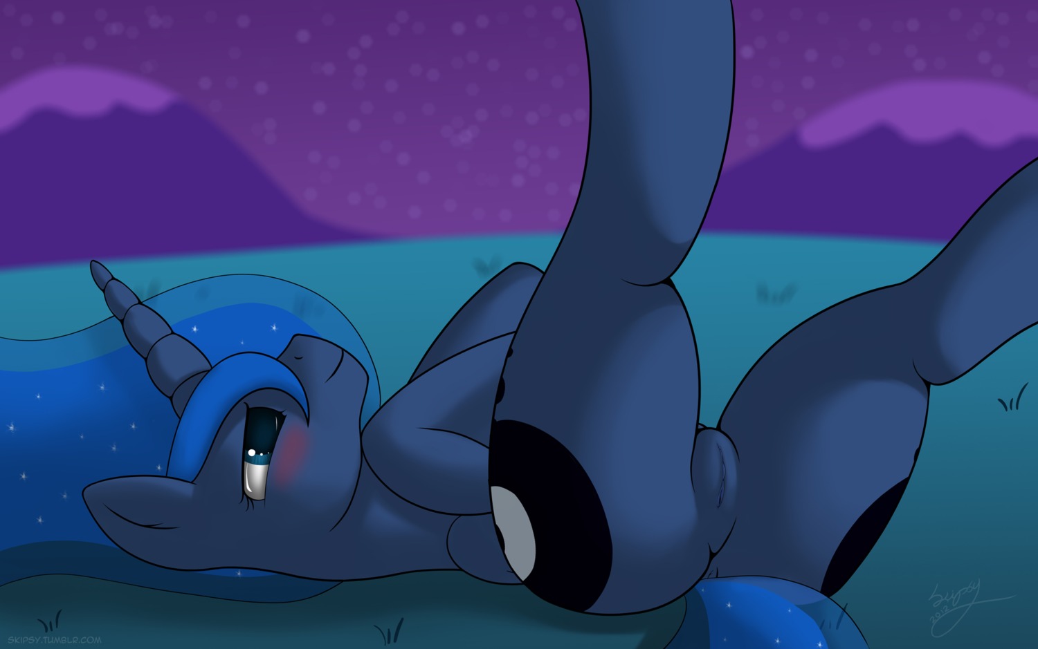 2012 anus blue_body blue_eyes blue_feathers blue_hair blush butt cutie_mark e621 equid equine ethereal_hair feathered_wings feathers female feral friendship_is_magic genitals hair hasbro hi_res horn legs_up long_hair mammal my_little_pony mythological_creature mythological_equine mythology night presenting princess_luna_(mlp) quadruped skipsy solo tail tail_anus vulva winged_unicorn wings