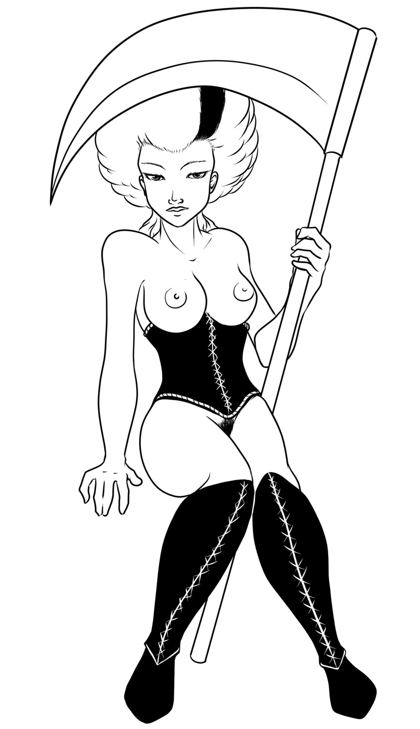 1girls black_hair breasts breasts_out corset discworld female grim_reaper human knee_boots knees_together_feet_apart literature monochrome mornmeril nipples pubic_hair rule34 scythe susan_sto_helit tagme two-tone_hair weapon white_hair