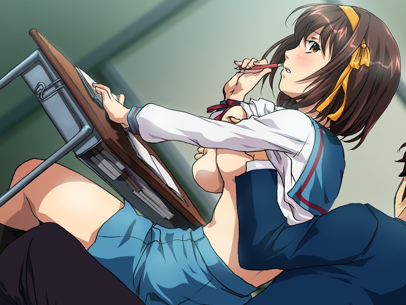 blush breasts clothing female gipsy_underground large_breasts male rule34 skirt suzumiya_haruhi suzumiya_haruhi_no_yuuutsu tagme