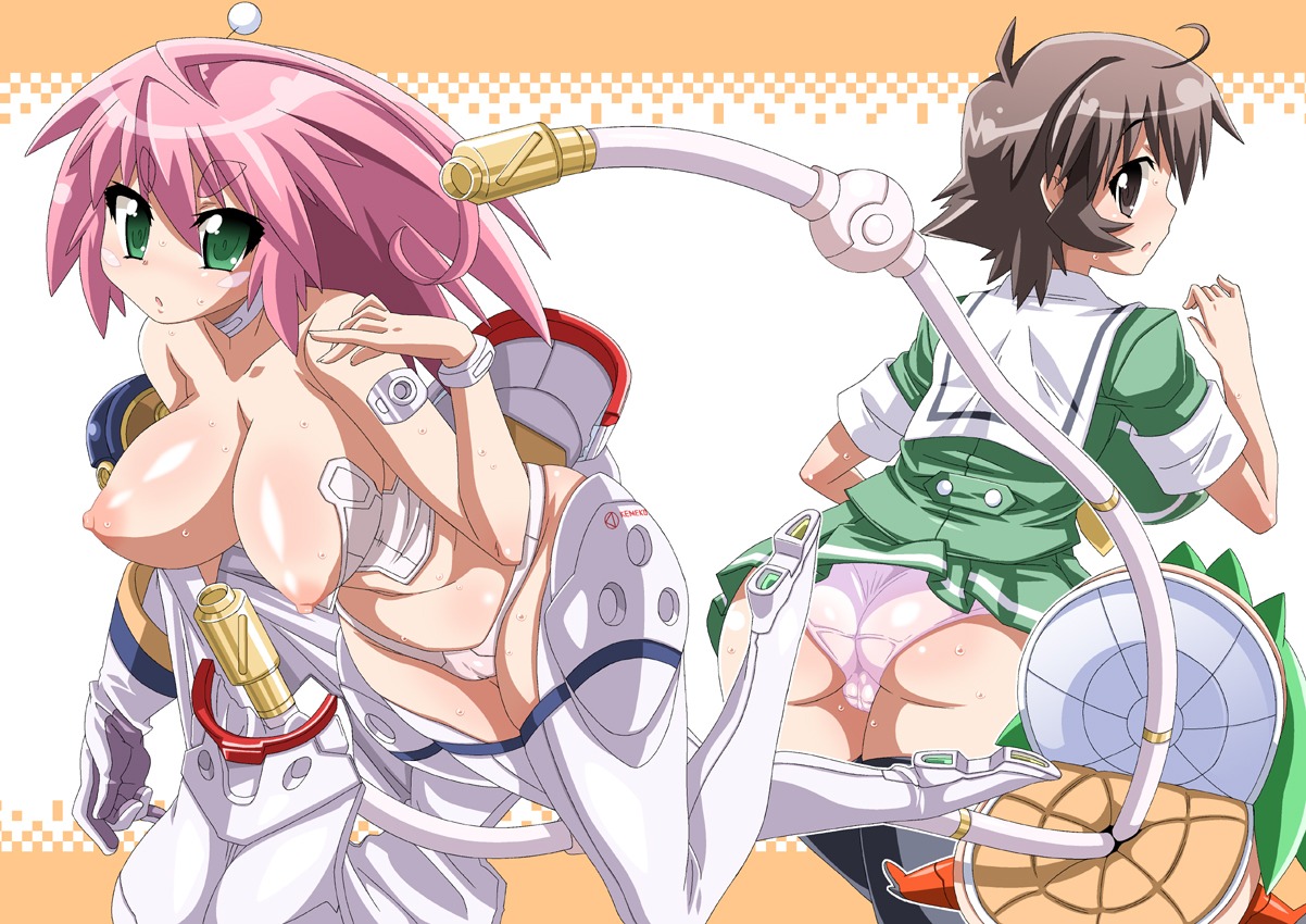 2girls blush bodysuit breasts cable cables female female_only green_eyes kemeko_(kemeko_deluxe) kemeko_deluxe large_breasts makihara_izumi mei_mishima multiple_females multiple_girls nipples nori_(akusei_shinseibutsu) panties pink_hair rule34 school_uniform spacesuit sweat thighhighs topless underwear undressing white_panties