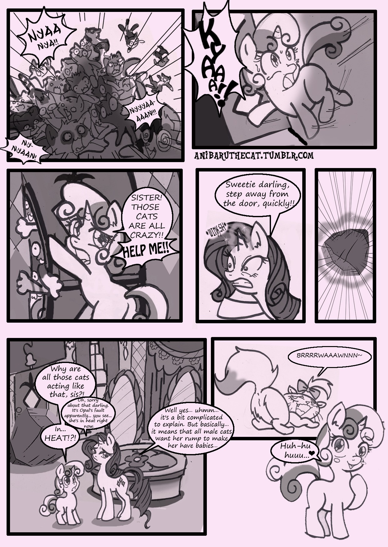 2013 anibaruthecat blush comic cutie_mark derp_eyes dialogue digital_media_(artwork) domestic_cat e621 english_text equid equine felid feline felis female feral fight friendship_is_magic fur greyscale group hair hasbro hi_res horn mammal monochrome my_little_pony mythological_creature mythological_equine mythology opalescence_(mlp) open_mouth rarity_(mlp) sweetie_belle_(mlp) text tom_(mlp) unicorn url young young_female young_feral