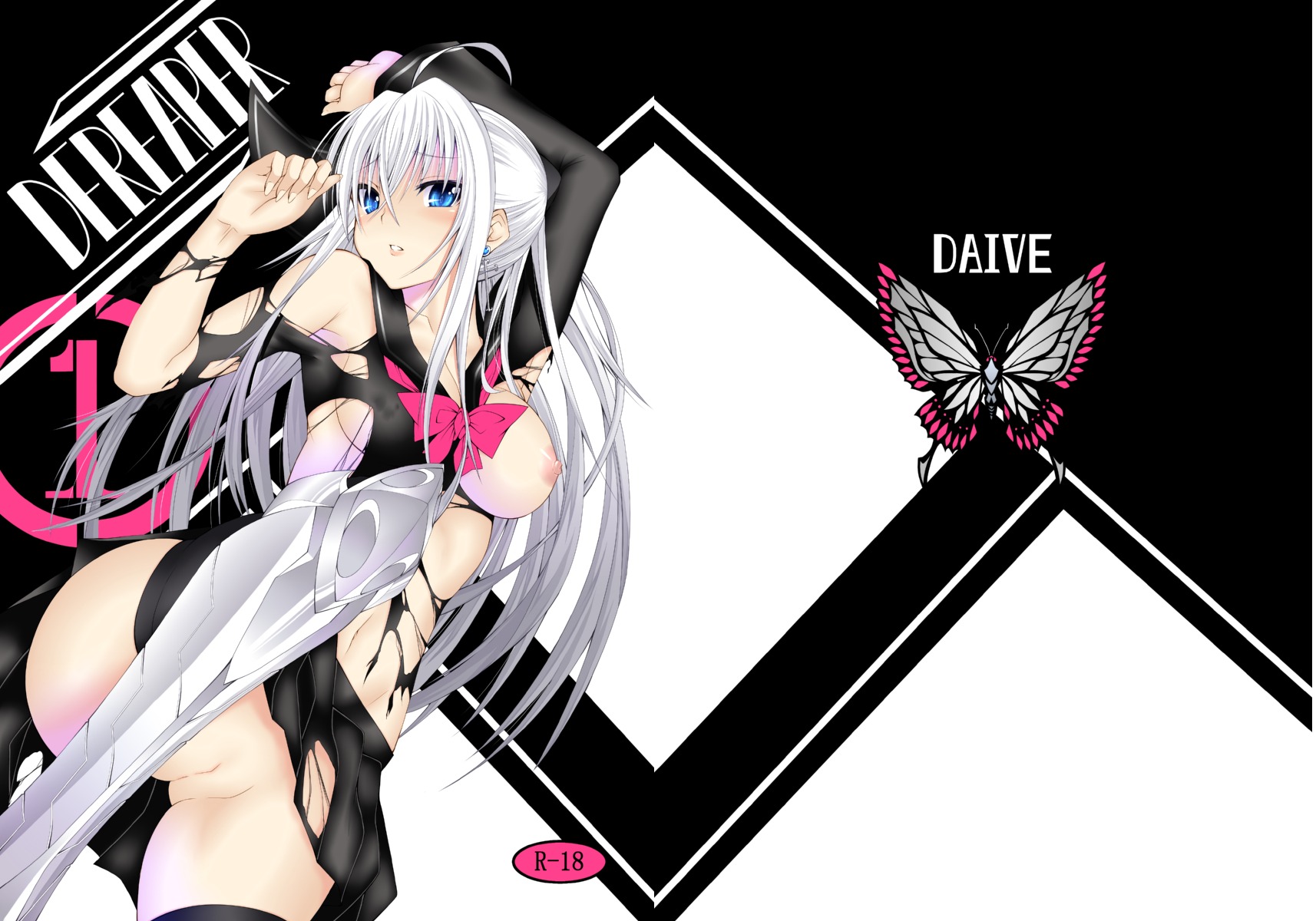 ahoge armor black_legwear black_thighhighs blue_eyes breasts butterfly cross daive earrings female glowing_eyes high_resolution jewelry large_breasts long_hair looking_at_viewer lying nipples on_back open_mouth original pointy_chin pussy ribbon rule34 silver_hair skirt solo thighhighs torn_clothes uncensored