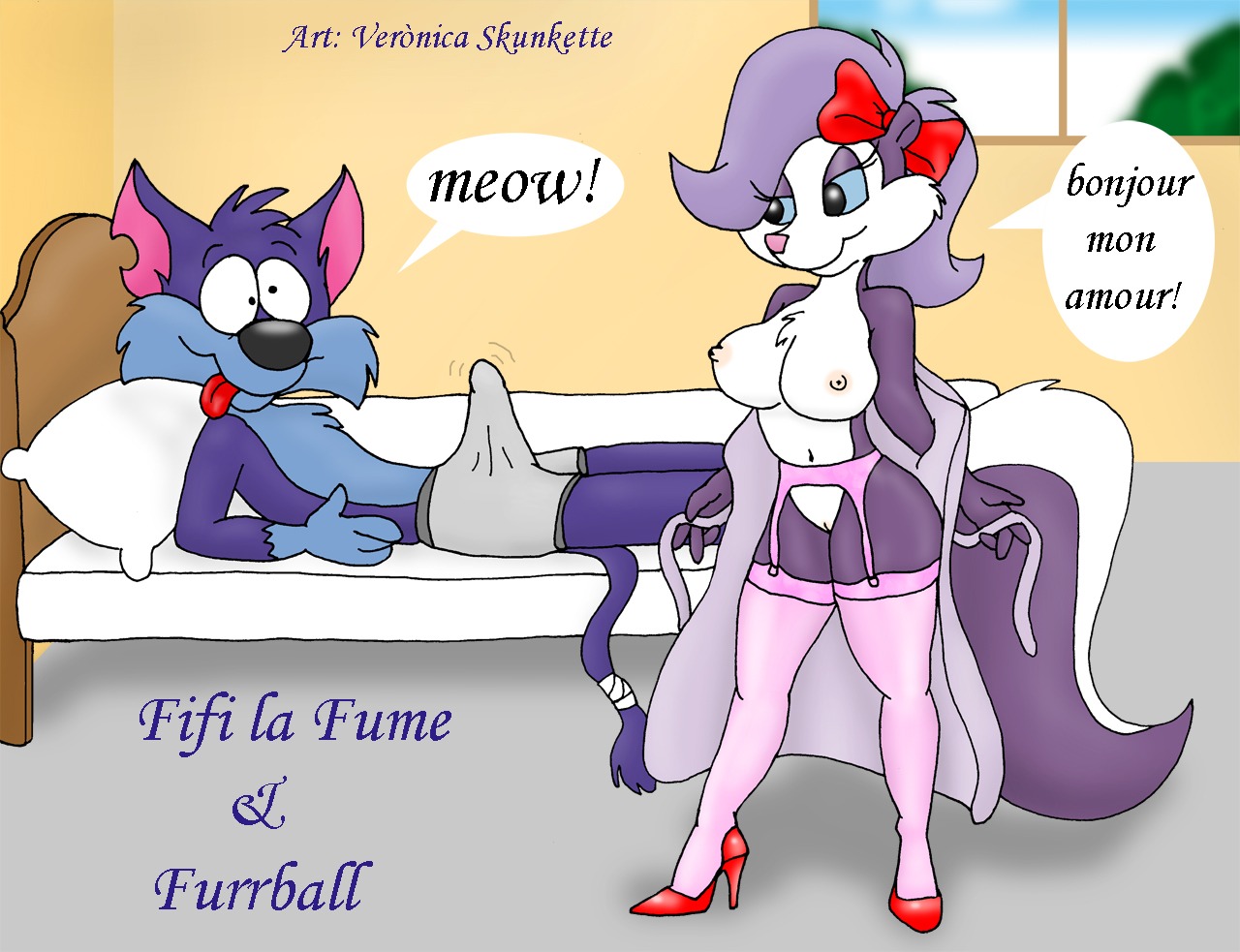anthro breasts cat female fifi_la_fume furrball high_heels indoors lying male on_back purple_fur rule34 skunk standing tagme tenting tiny_toon_adventures toony topless veronicaskunkette