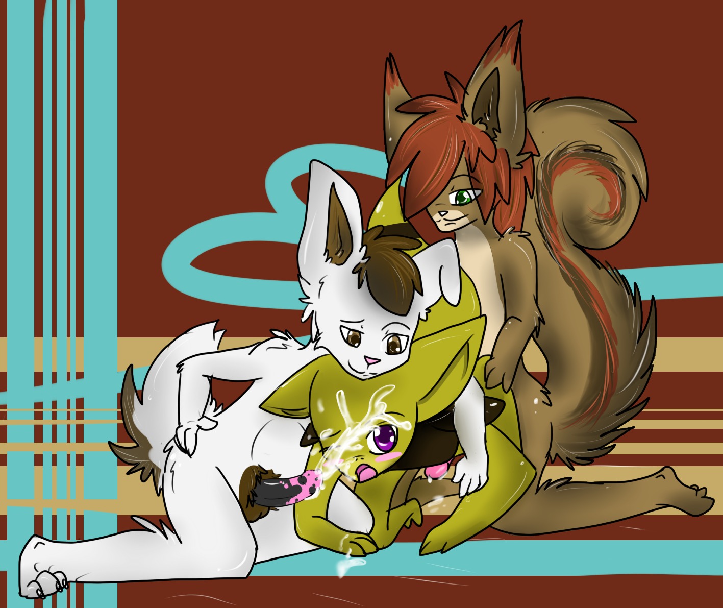 abra abstract_background adolescent adolescent_on_adolescent all_fours anthro anthro_on_anthro arm_around_shoulders black_penis blush bodily_fluids brown_body brown_countershading brown_eyes brown_fur brown_hair brown_pubes countershade_tail countershading cum cum_on_face cumshot curled_tail e621 ejaculation erection fan_character fluffy fluffy_tail fur generation_1_pokemon genital_fluids genitals glistening green_body green_eyes green_skin group group_sex hair hair_over_eye hand_on_hip john_otakum kneeling lagomorph leporid long_tail male male/male mammal markings multicolored_penis nintendo one_eye_closed one_eye_obstructed orgasm penis pink_penis pokemon pokemon_(species) pubes rabbit red_hair rodent sciurid scut_tail sex short_tail shwee simple_background squall_endymion striped_markings striped_tail stripes tail tail_markings threesome tree_squirrel trio volsar warm_colors white_body white_fur young