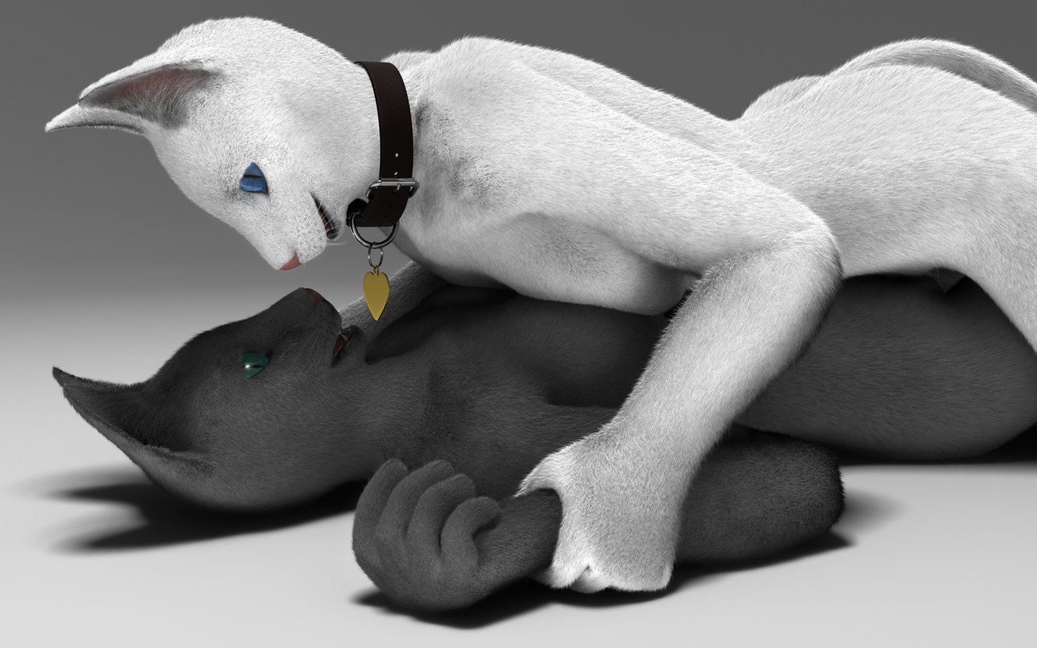 16:10 3d_(artwork) anthro blue_eyes bodily_fluids breast_squish breasts breasts_frottage collar digital_media_(artwork) dominant dominant_female duo e621 eye_contact felid female female/female female_on_bottom female_on_top fur genital_fluids green_eyes heart_symbol hi_res looking_at_another mammal on_bottom on_top open_mouth pinned rlctntfr sex smile squish submissive submissive_female tail vaginal_fluids whiskers widescreen